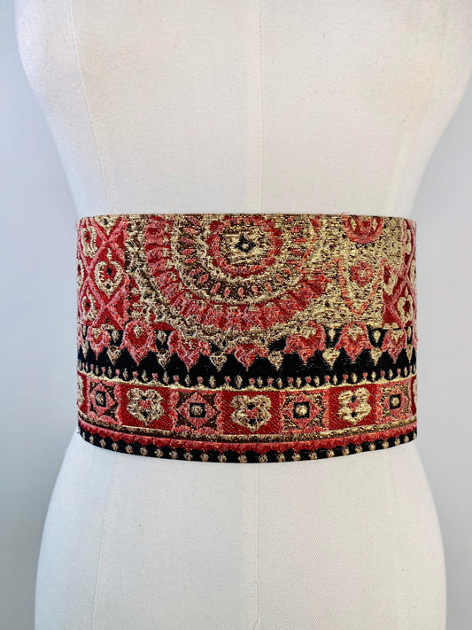 Maurice Rentner Brocade Gold and Red Exquisite Wide Corset Waist Belt 30"