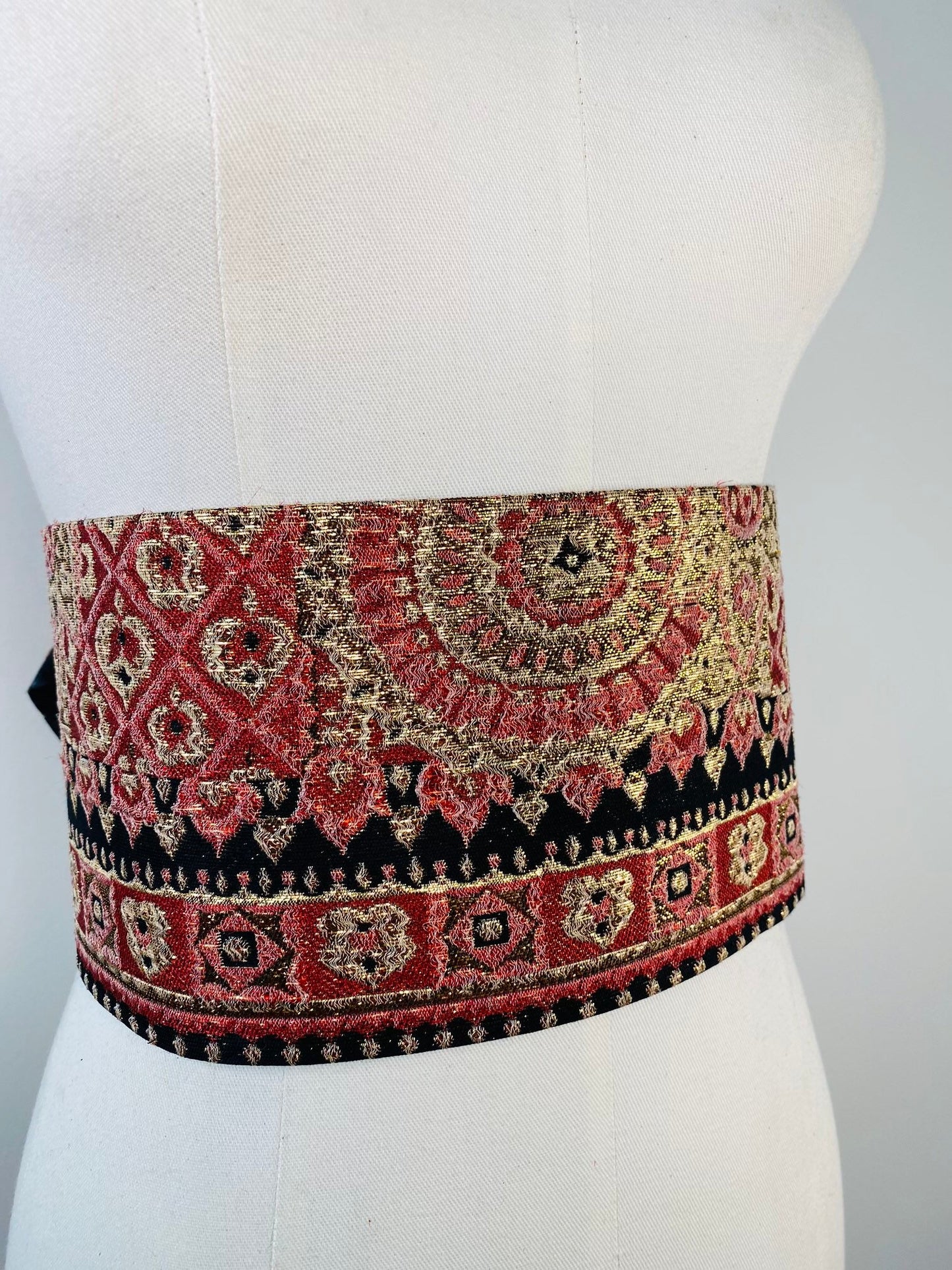 Maurice Rentner Brocade Gold and Red Exquisite Wide Corset Waist Belt 30"