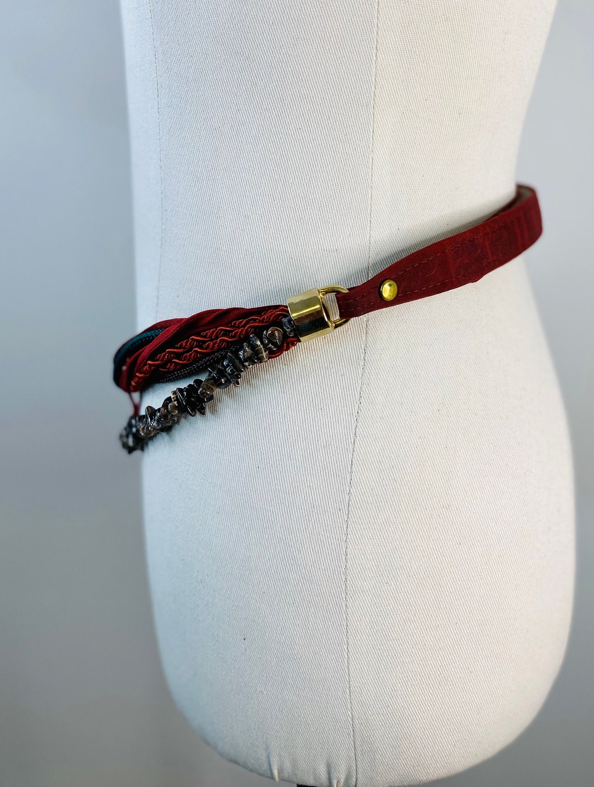 70s Boho Beaded and Silk Ribbon Adjustable Belt