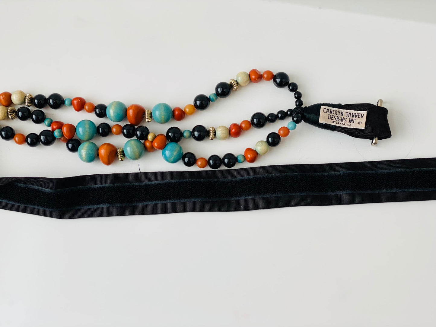 80s Carolyn Tanner Wooden Beaded Boho Sash Fabric Vegan Belt