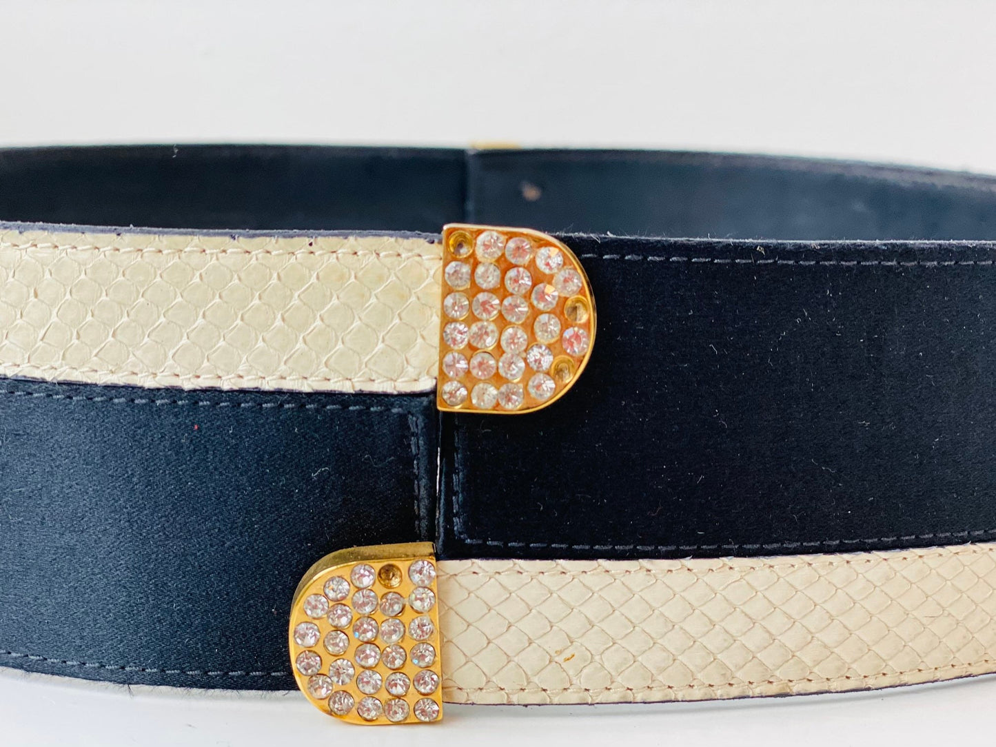 70s Valentino Night Disco Satin Snake Crystal Black and white Wide Waist Belt 30"