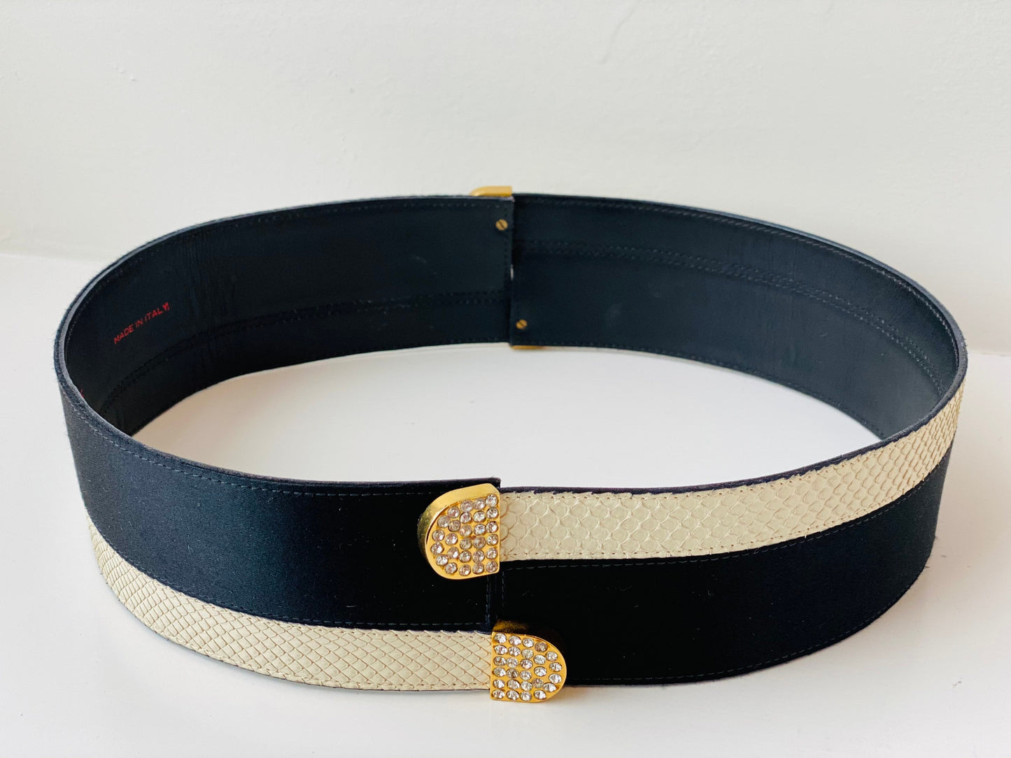 70s Valentino Night Disco Satin Snake Crystal Black and white Wide Waist Belt 30"