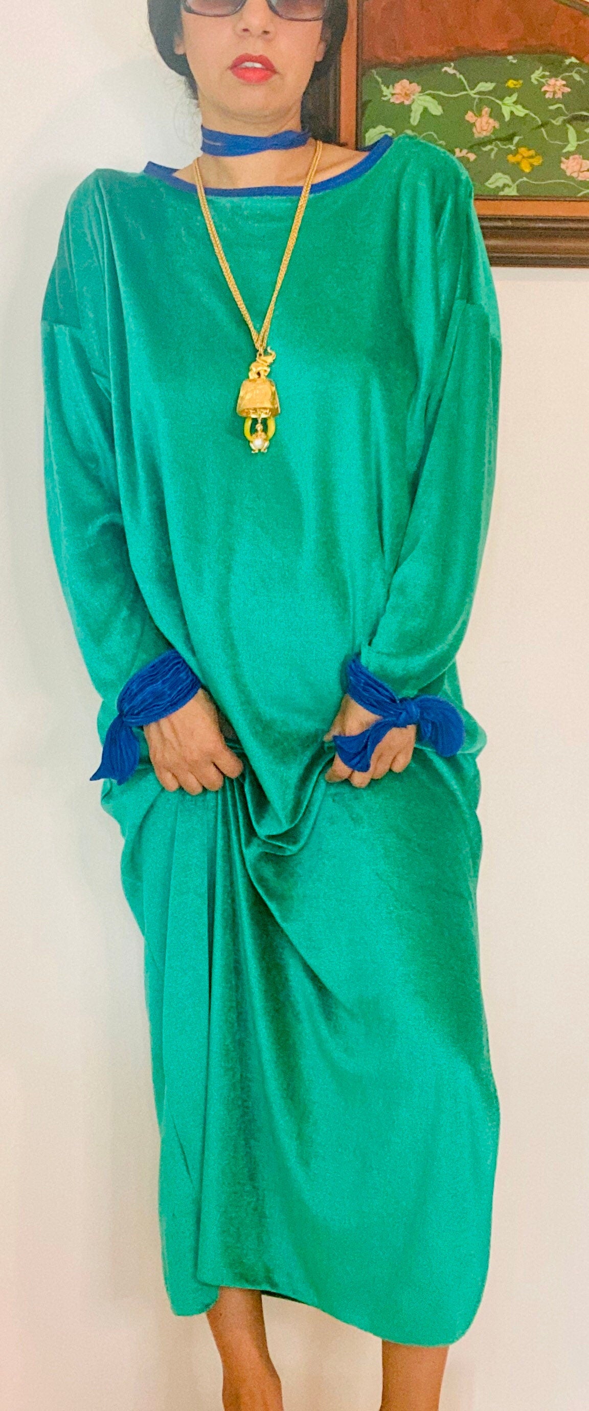 70s/80s Disco Mary McFadden Emerald Green Velour Caftan Dress Loungewear Pool Party