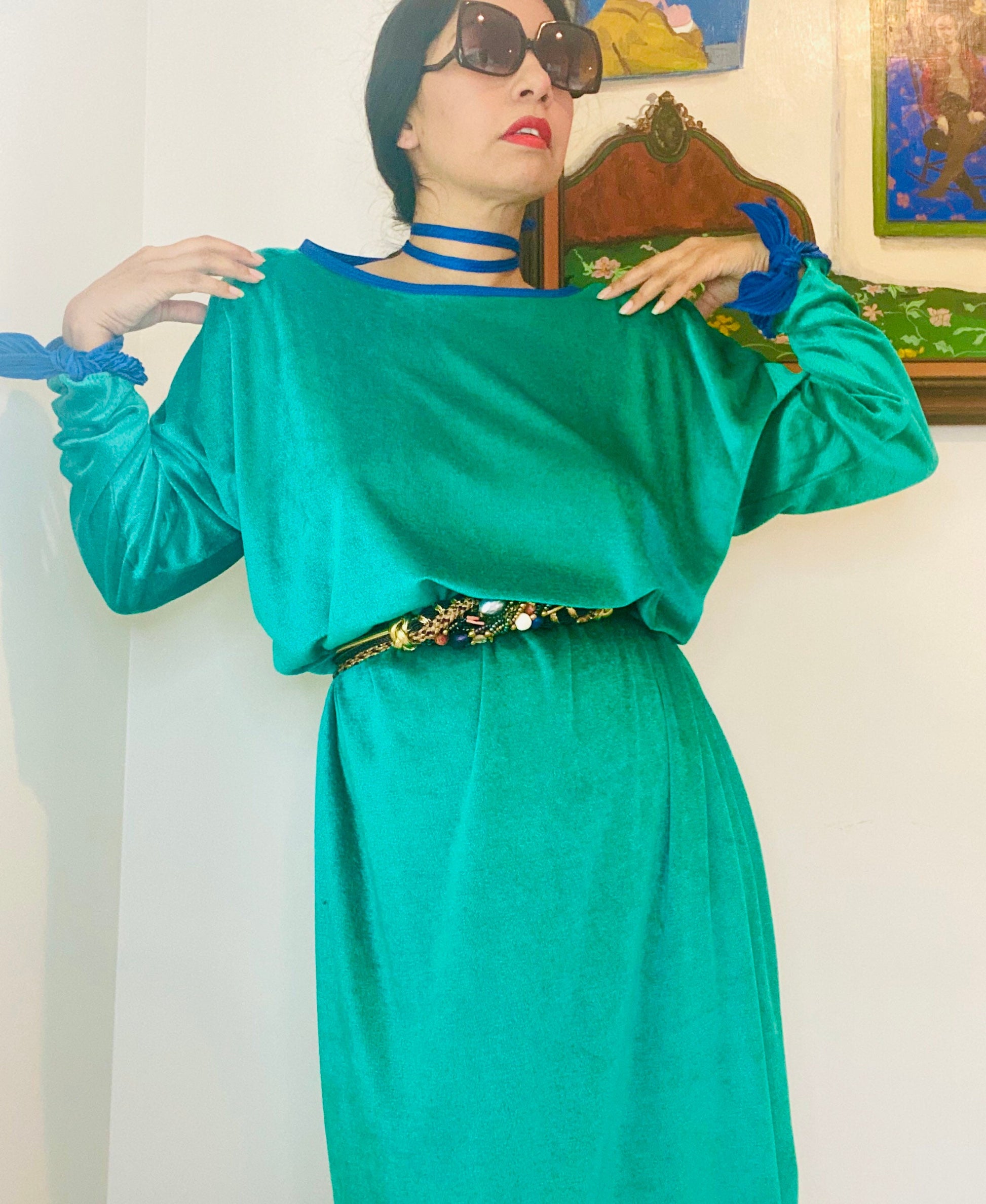 70s/80s Disco Mary McFadden Emerald Green Velour Caftan Dress Loungewear Pool Party