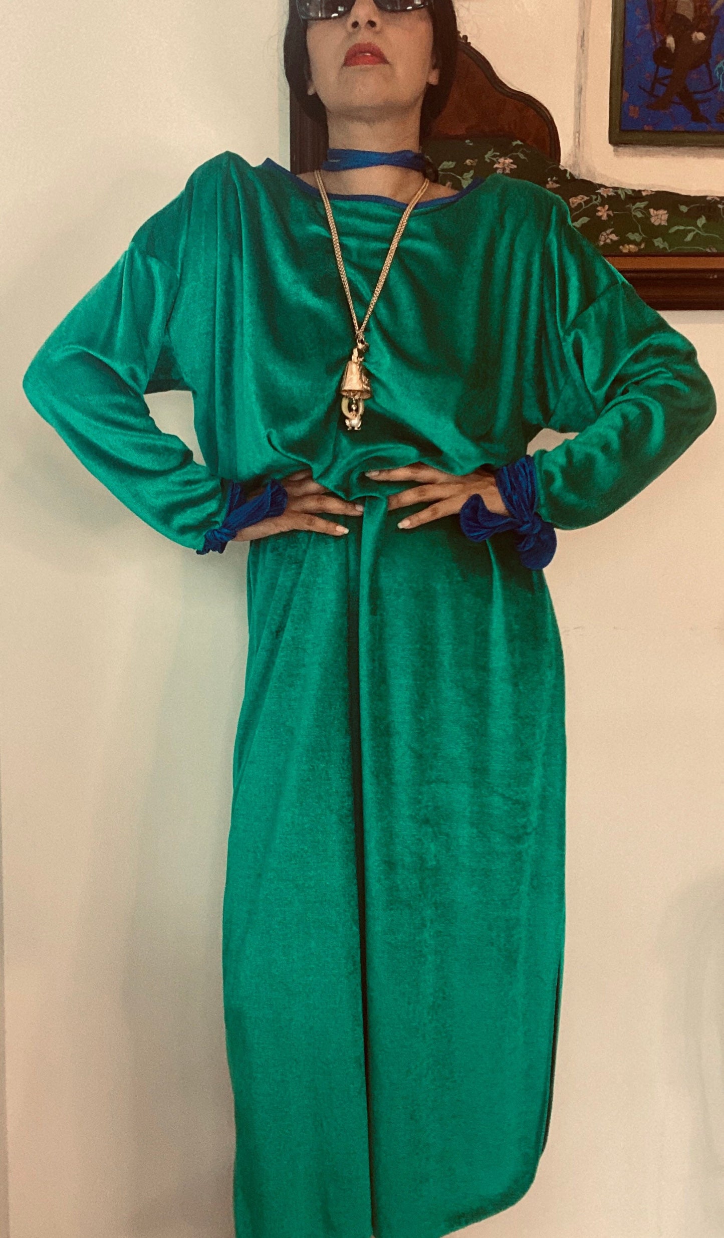 70s/80s Disco Mary McFadden Emerald Green Velour Caftan Dress Loungewear Pool Party
