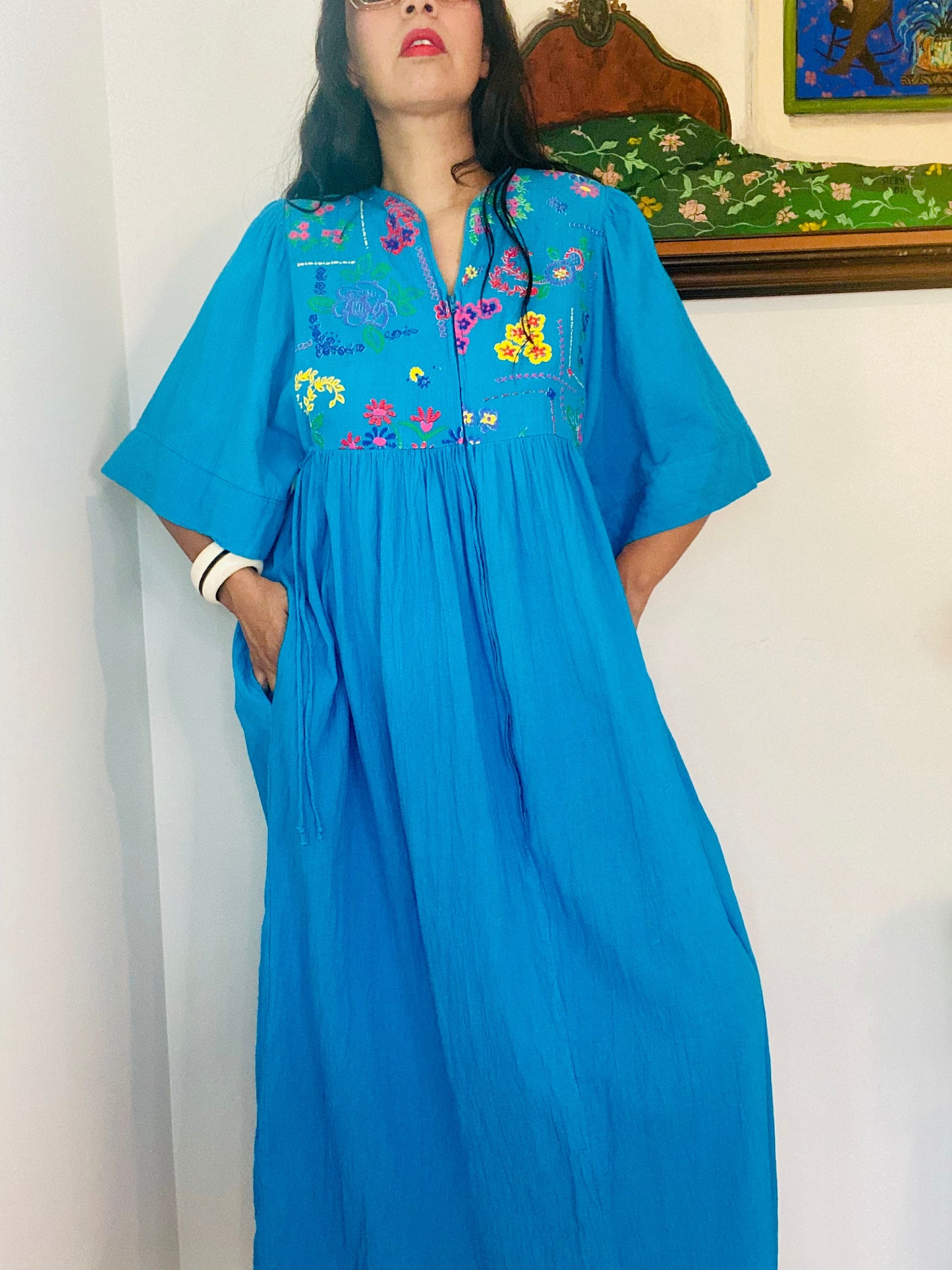 70s Lucie Ann Beverly Hills Blue Cotton Gauze Muumuu Caftan Patio Dress