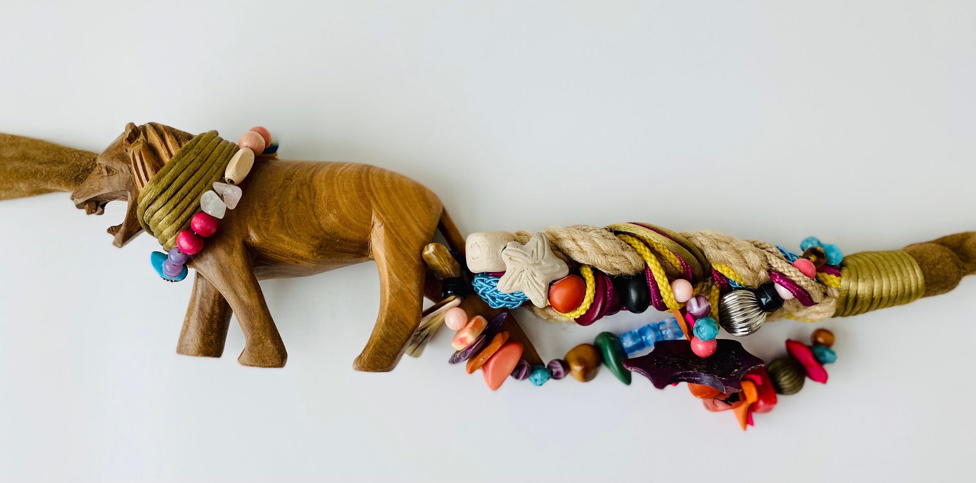 80s Statement OOAK Handmade Belt Sash Suede Silk Wood Lion Beaded