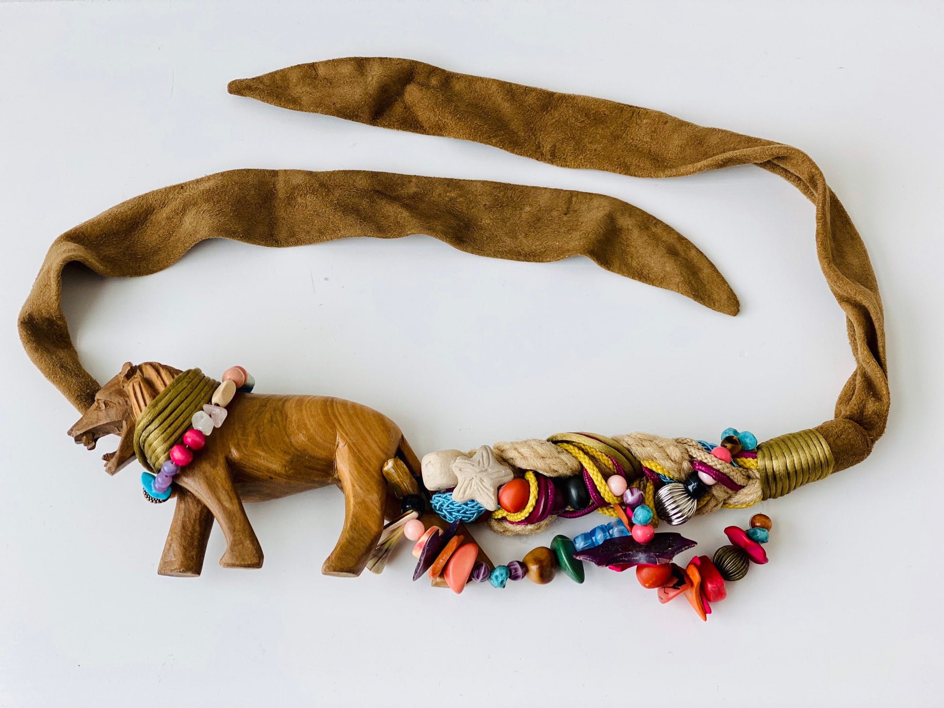 80s Statement OOAK Handmade Belt Sash Suede Silk Wood Lion Beaded