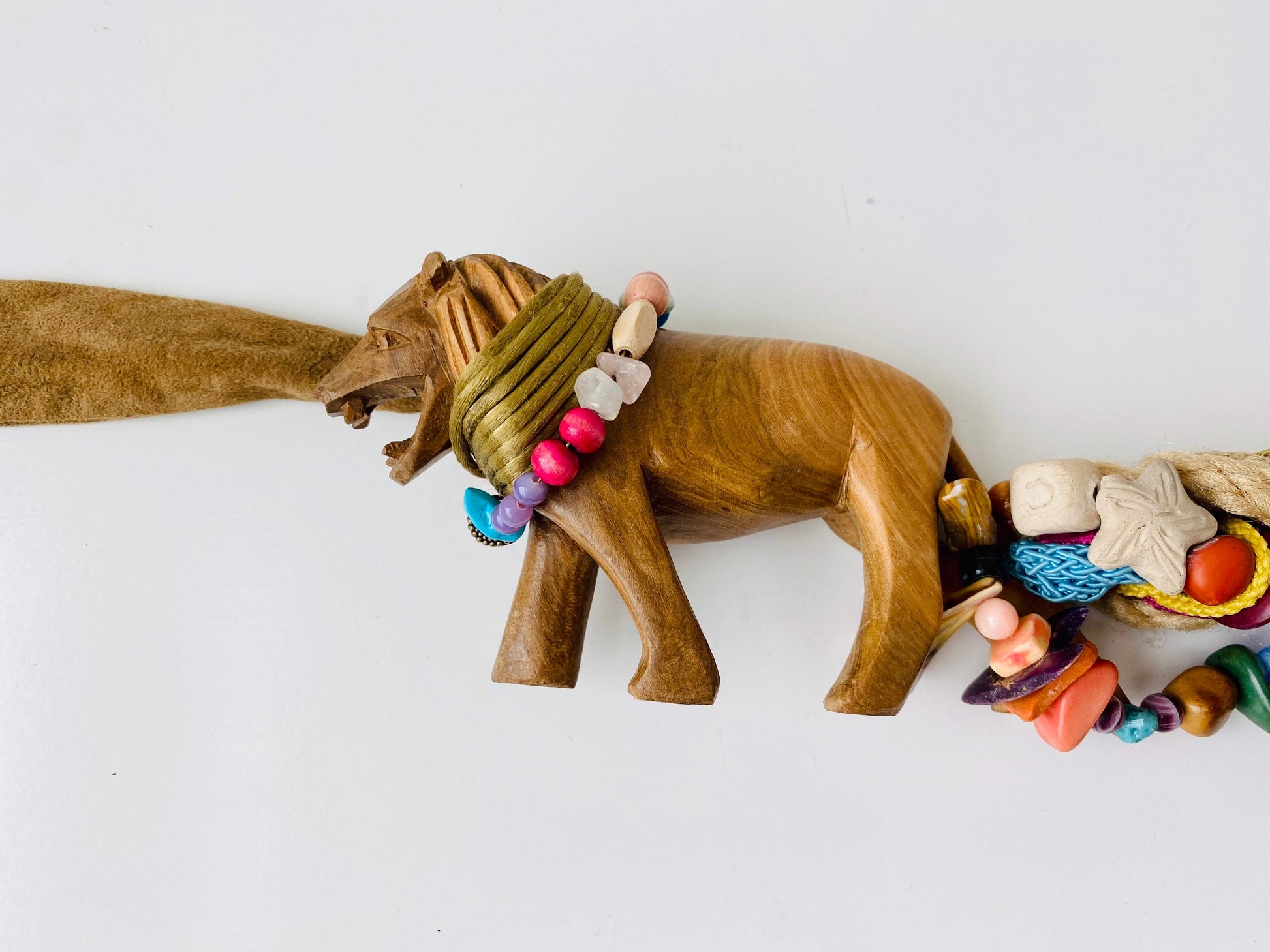 80s Statement OOAK Handmade Belt Sash Suede Silk Wood Lion Beaded