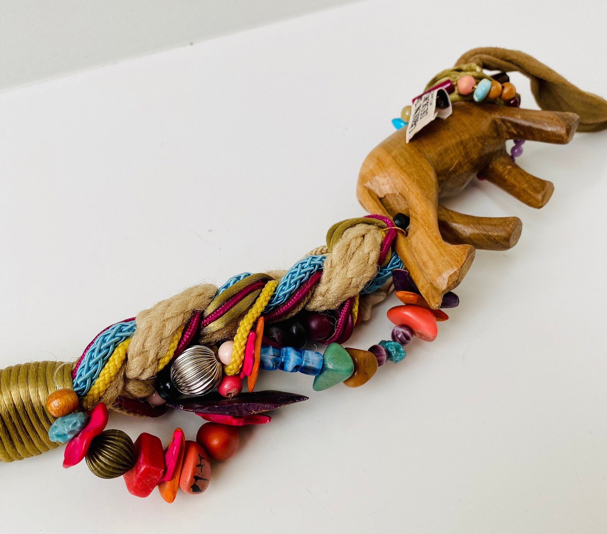 80s Statement OOAK Handmade Belt Sash Suede Silk Wood Lion Beaded