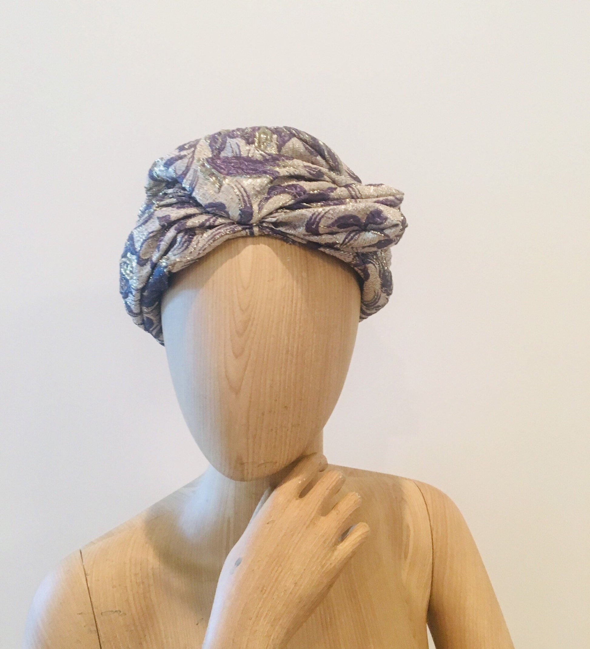60s Brocade Jacquard Vintage Turban / Metallic Turban /Glam Hat Hollywood Glam