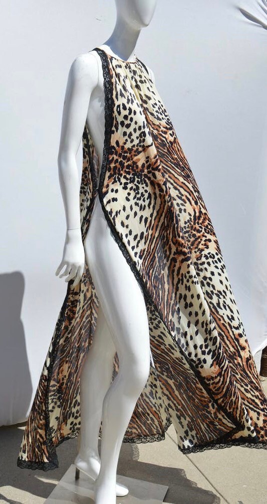 Vintage Rare Claire Sandra by Lucie Ann Beverly Hills Animal Print Big Sweep Nylon Sexy Caftan