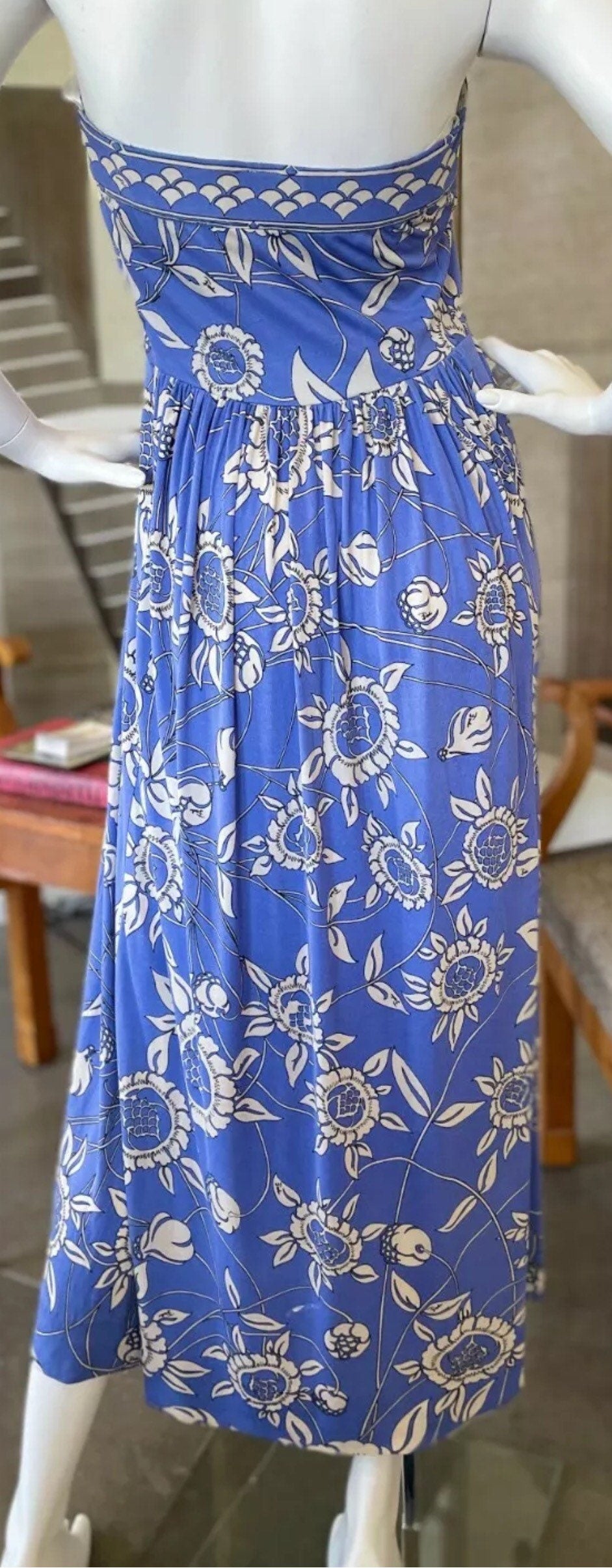 70s Emilio PUCCI Blue Floral Silk Strapless Maxi Dress and Shawl Ensemble Small/Medium