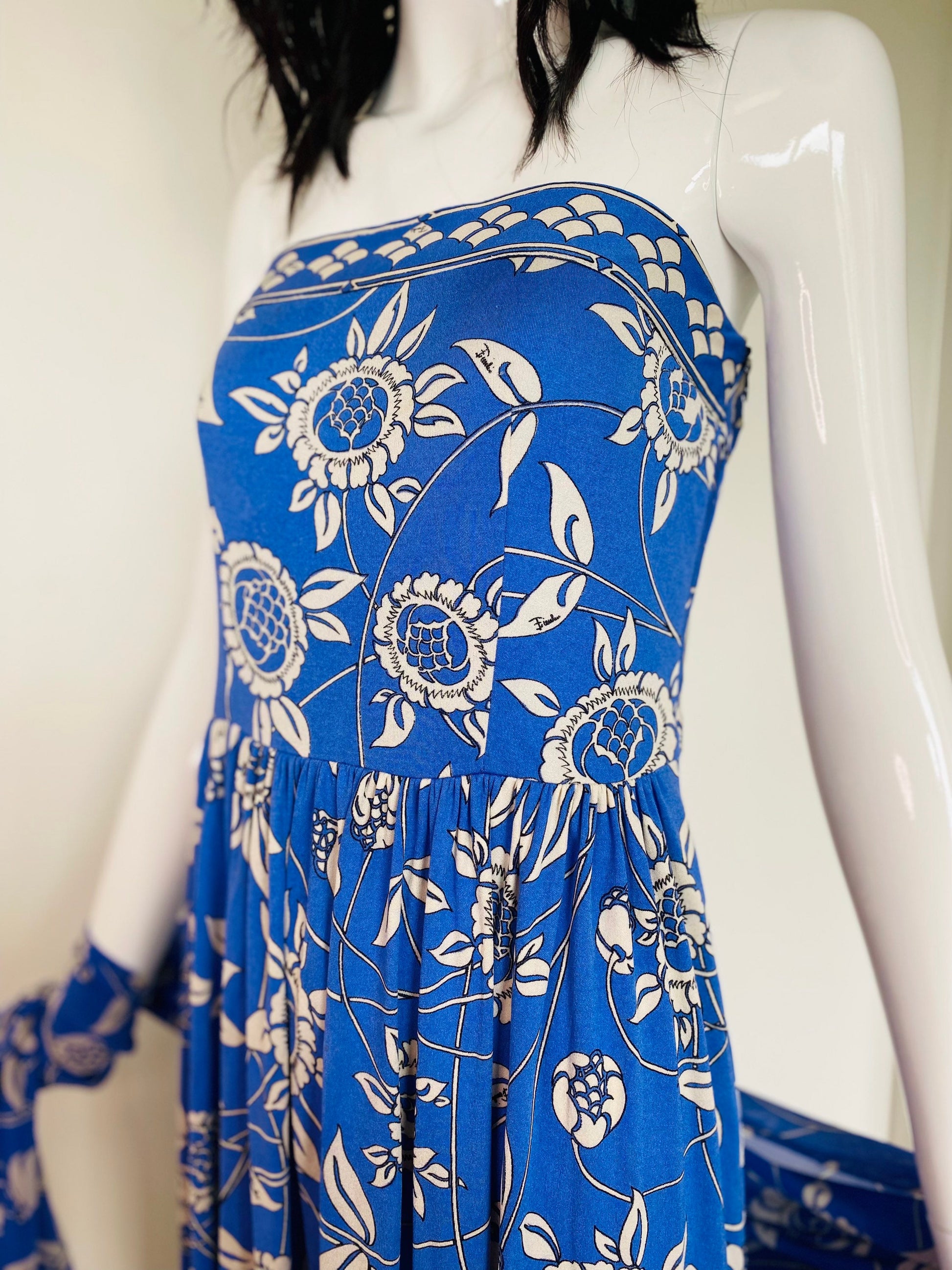 70s Emilio PUCCI Blue Floral Silk Strapless Maxi Dress and Shawl Ensemble Small/Medium