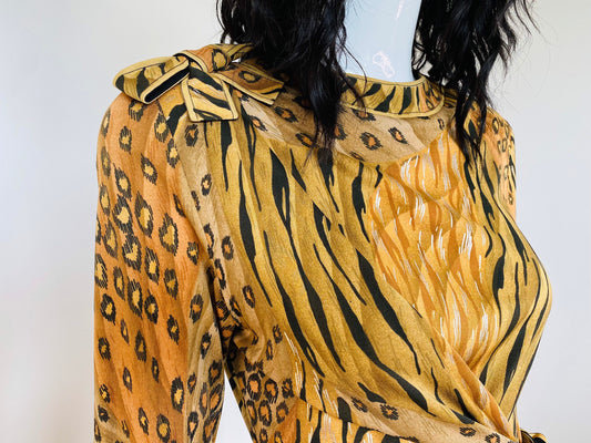 Vintage Leonard Paris Cheetah Print Silk Jersey Wrap Long Sleeves Dress