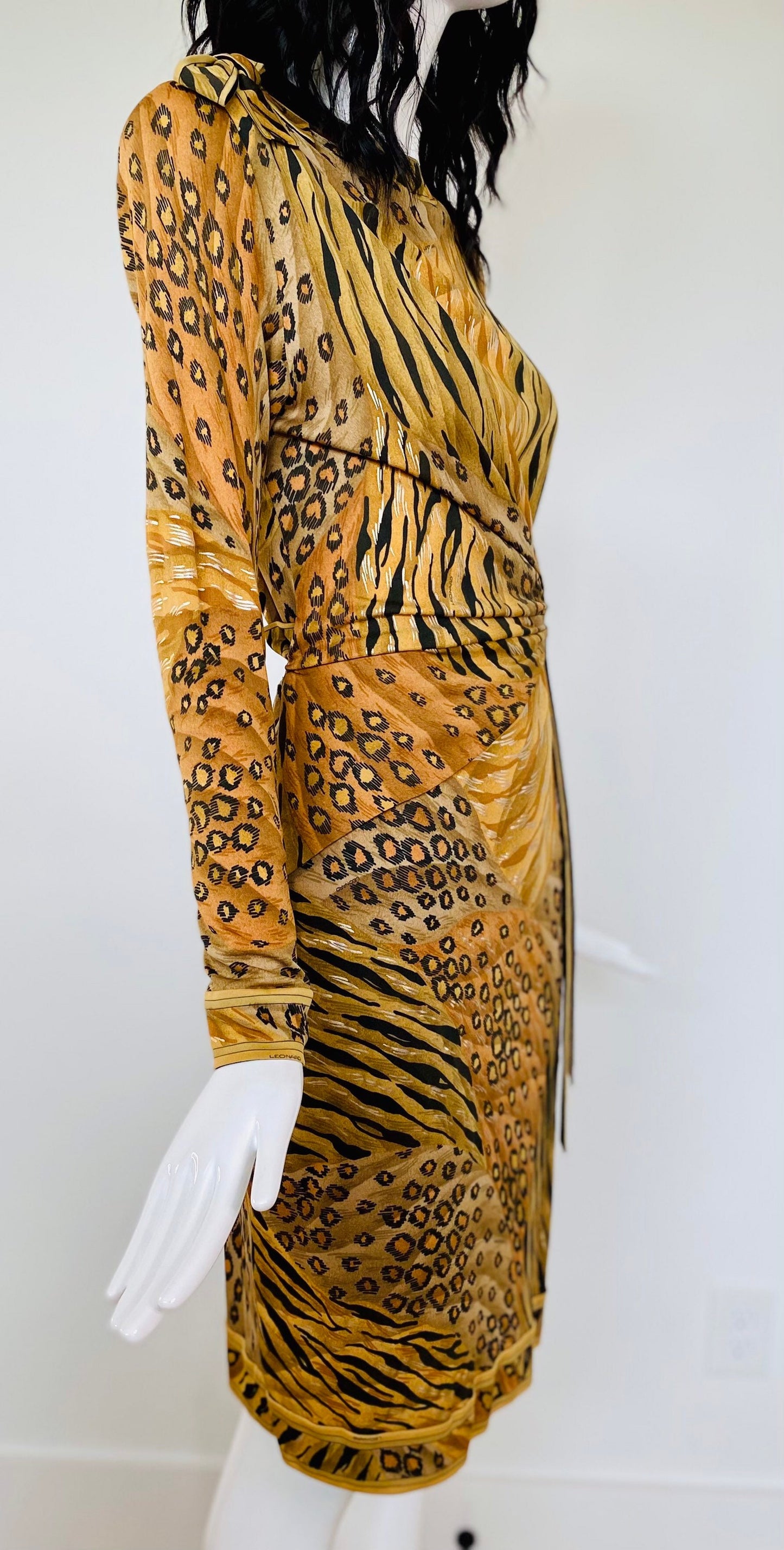 Vintage Leonard Paris Cheetah Print Silk Jersey Wrap Long Sleeves Dress