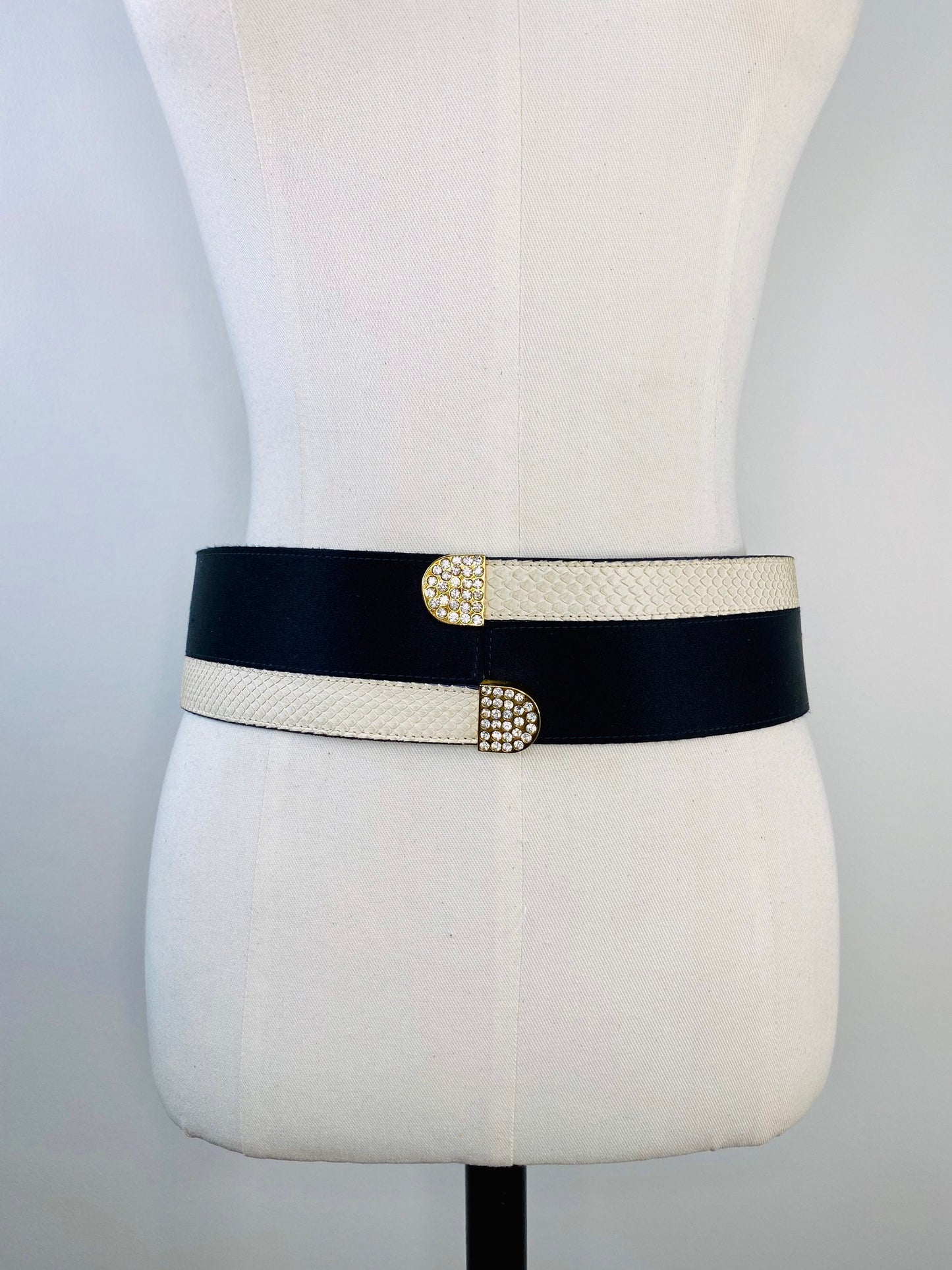 70s Valentino Night Disco Satin Snake Crystal Black and white Wide Waist Belt 30"