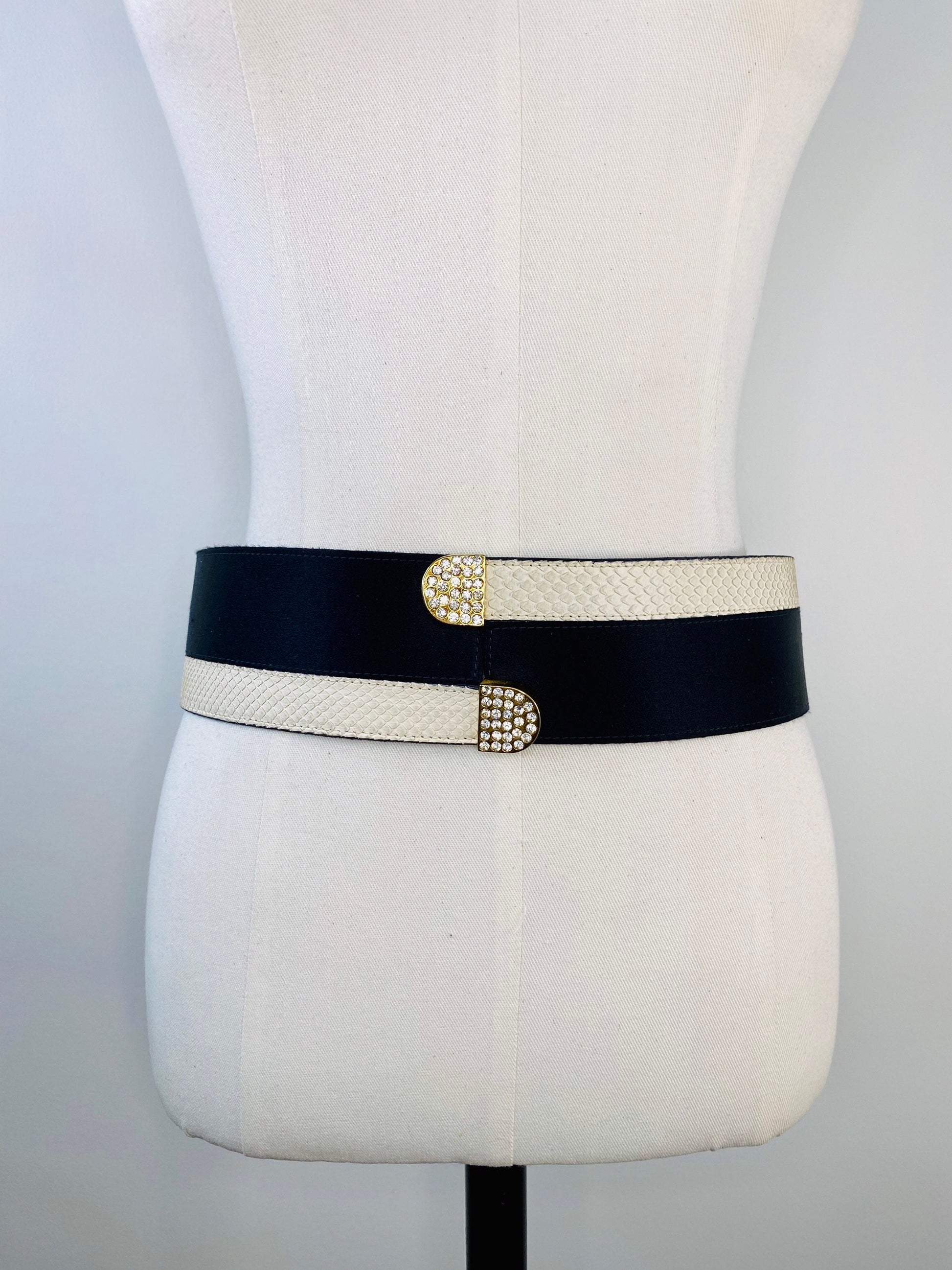 70s Valentino Night Disco Satin Snake Crystal Black and white Wide Waist Belt 30"