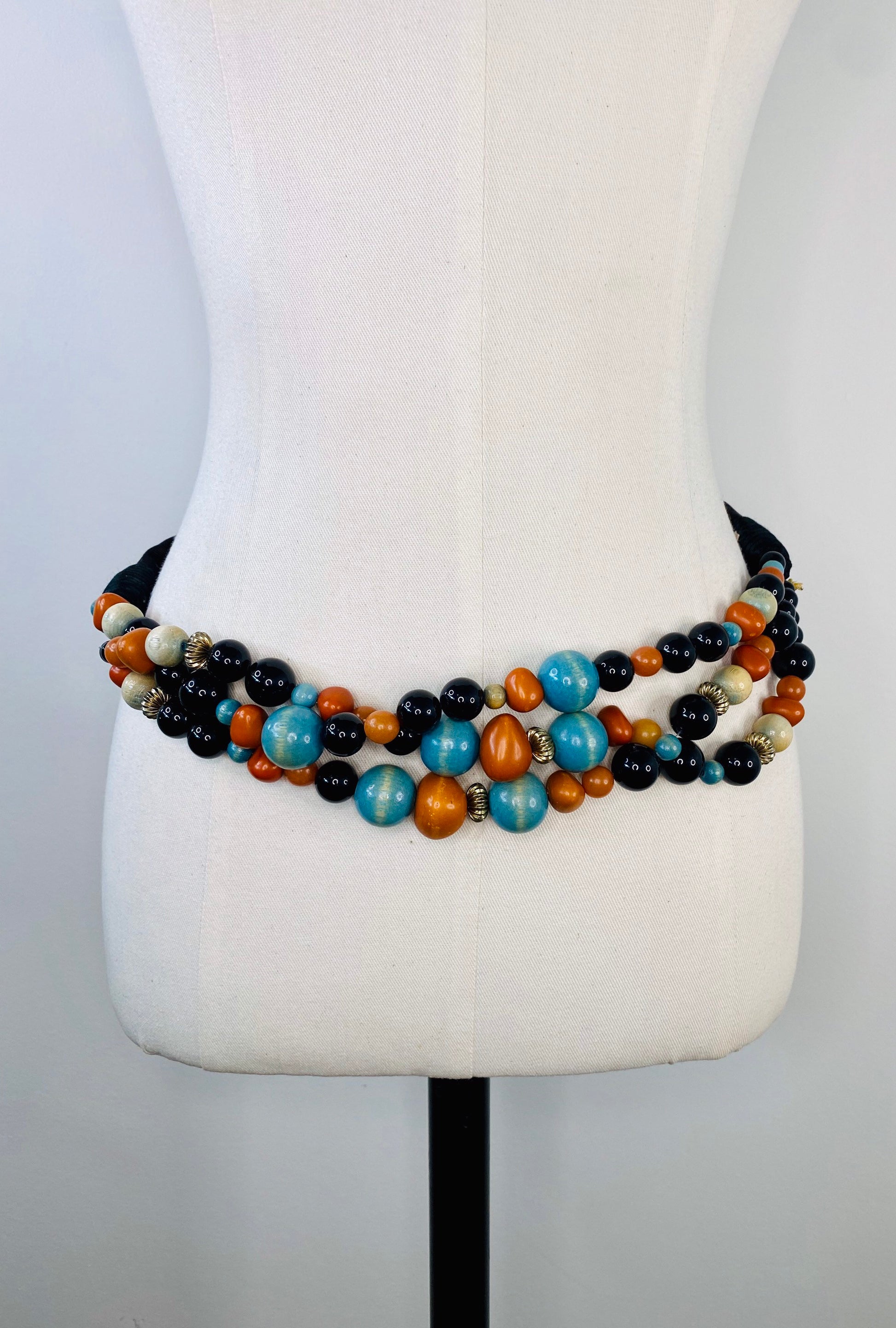 80s Carolyn Tanner Wooden Beaded Boho Sash Fabric Vegan Belt