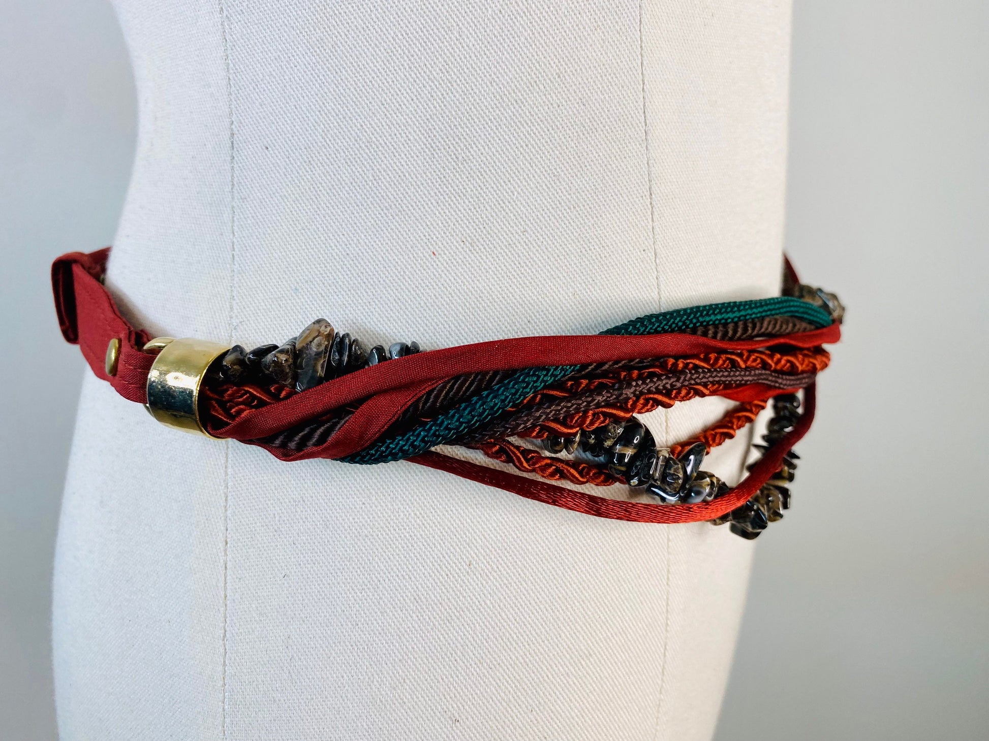 70s Boho Beaded and Silk Ribbon Adjustable Belt