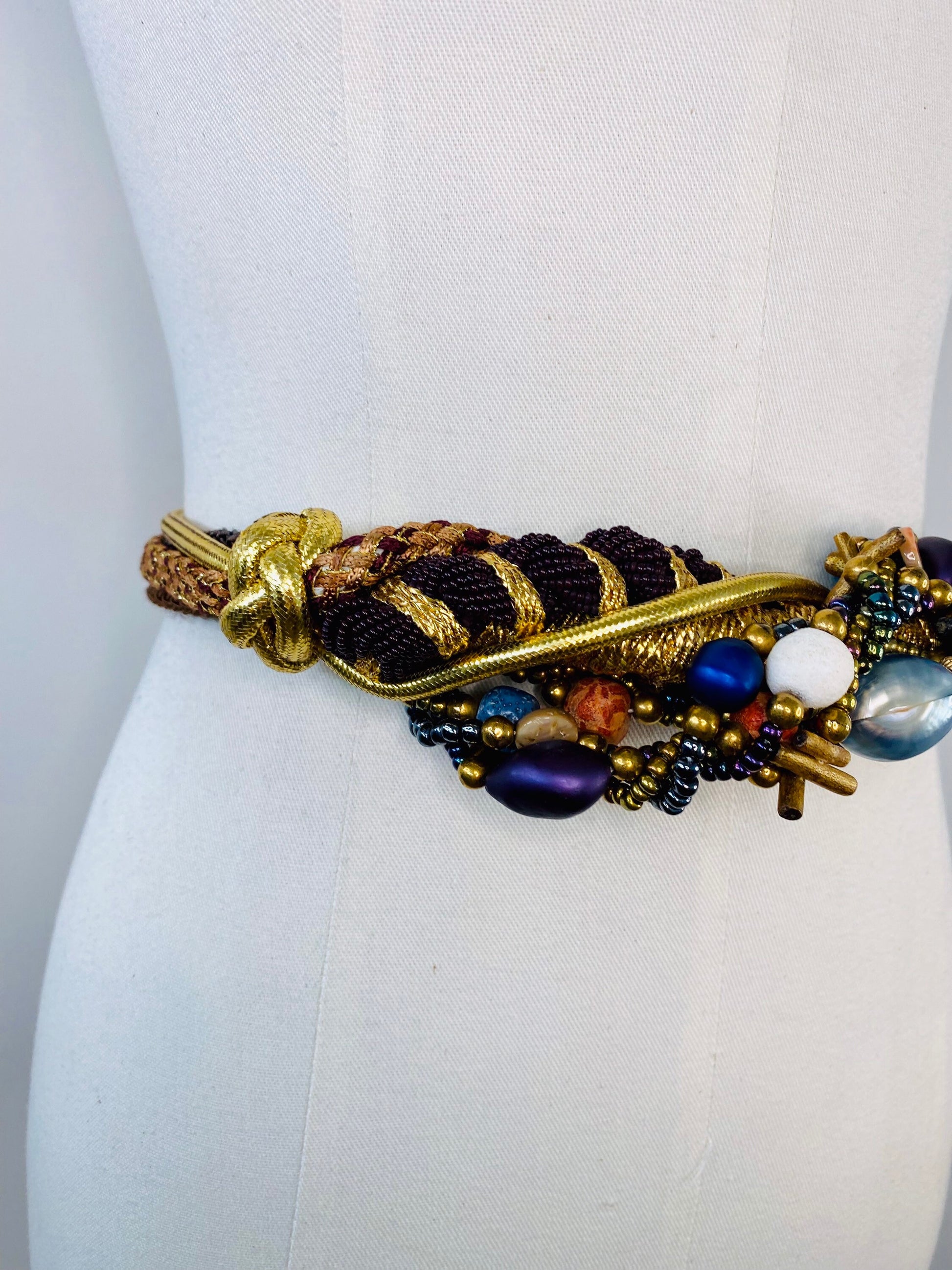 70s Gold Metallic Beaded Braided Silk Belt or Head Wrap Sash