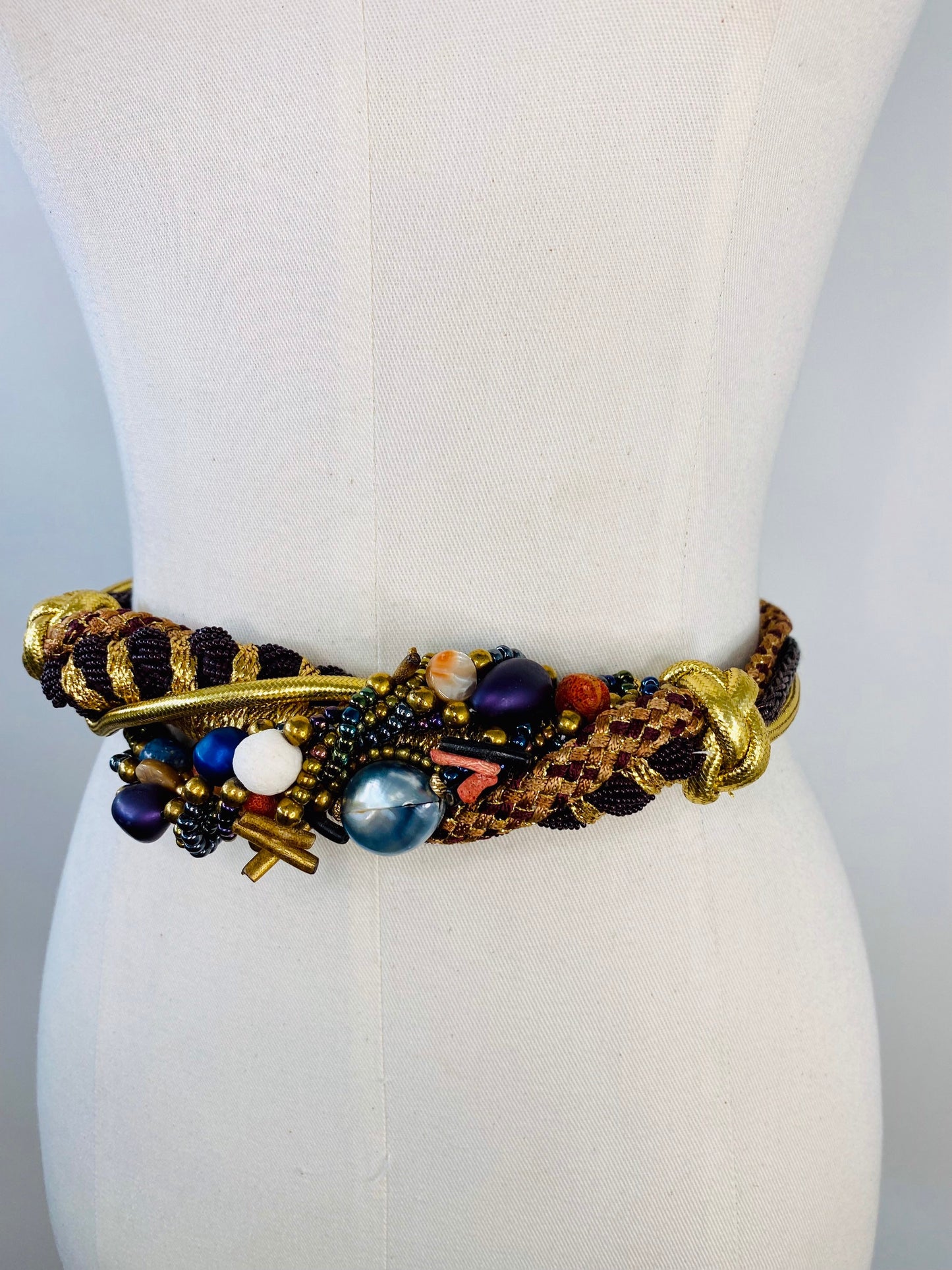 70s Gold Metallic Beaded Braided Silk Belt or Head Wrap Sash