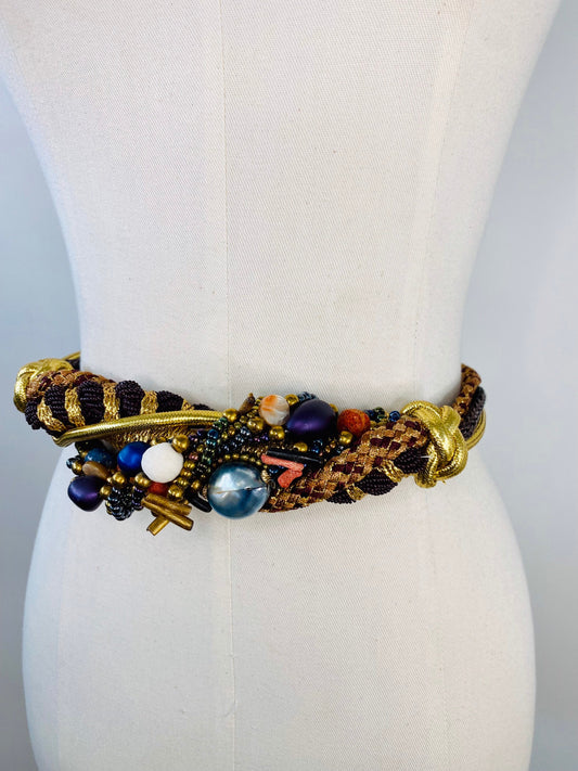 70s Gold Metallic Beaded Braided Silk Belt or Head Wrap Sash