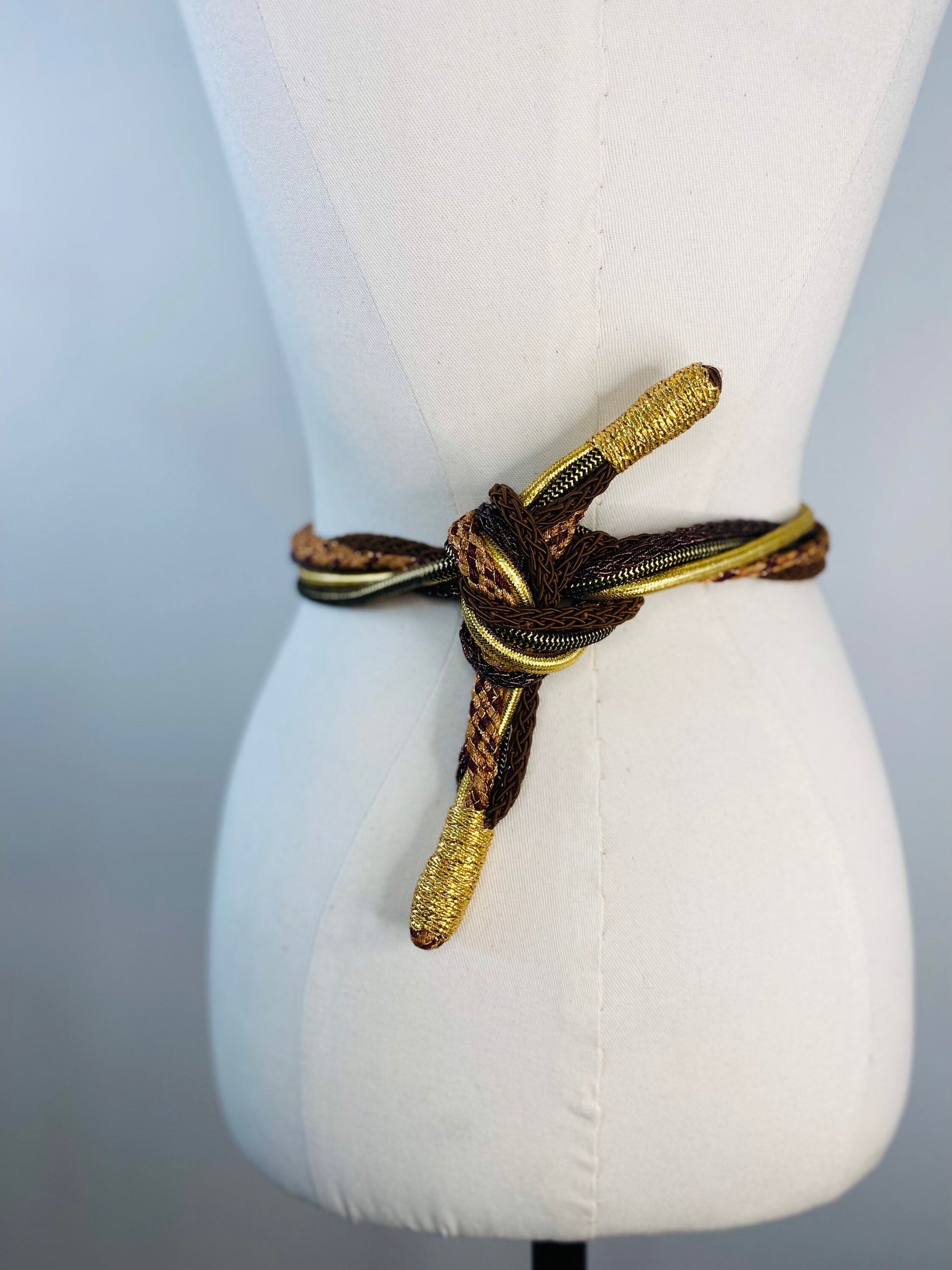 70s Gold Metallic Beaded Braided Silk Belt or Head Wrap Sash