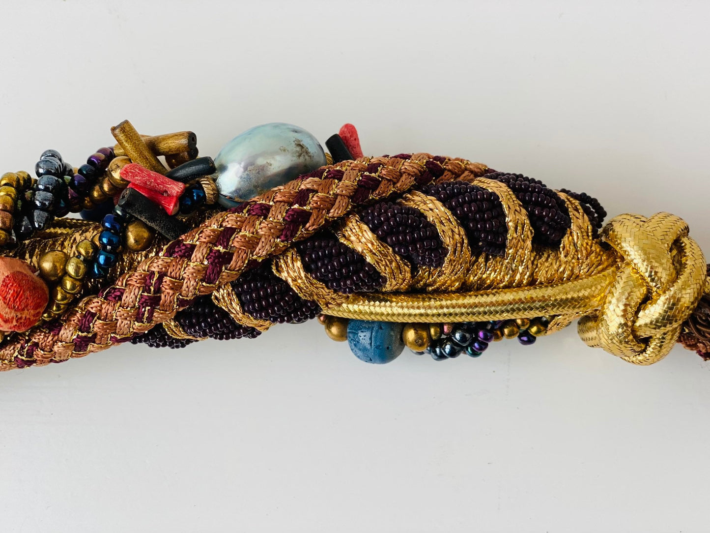 70s Gold Metallic Beaded Braided Silk Belt or Head Wrap Sash