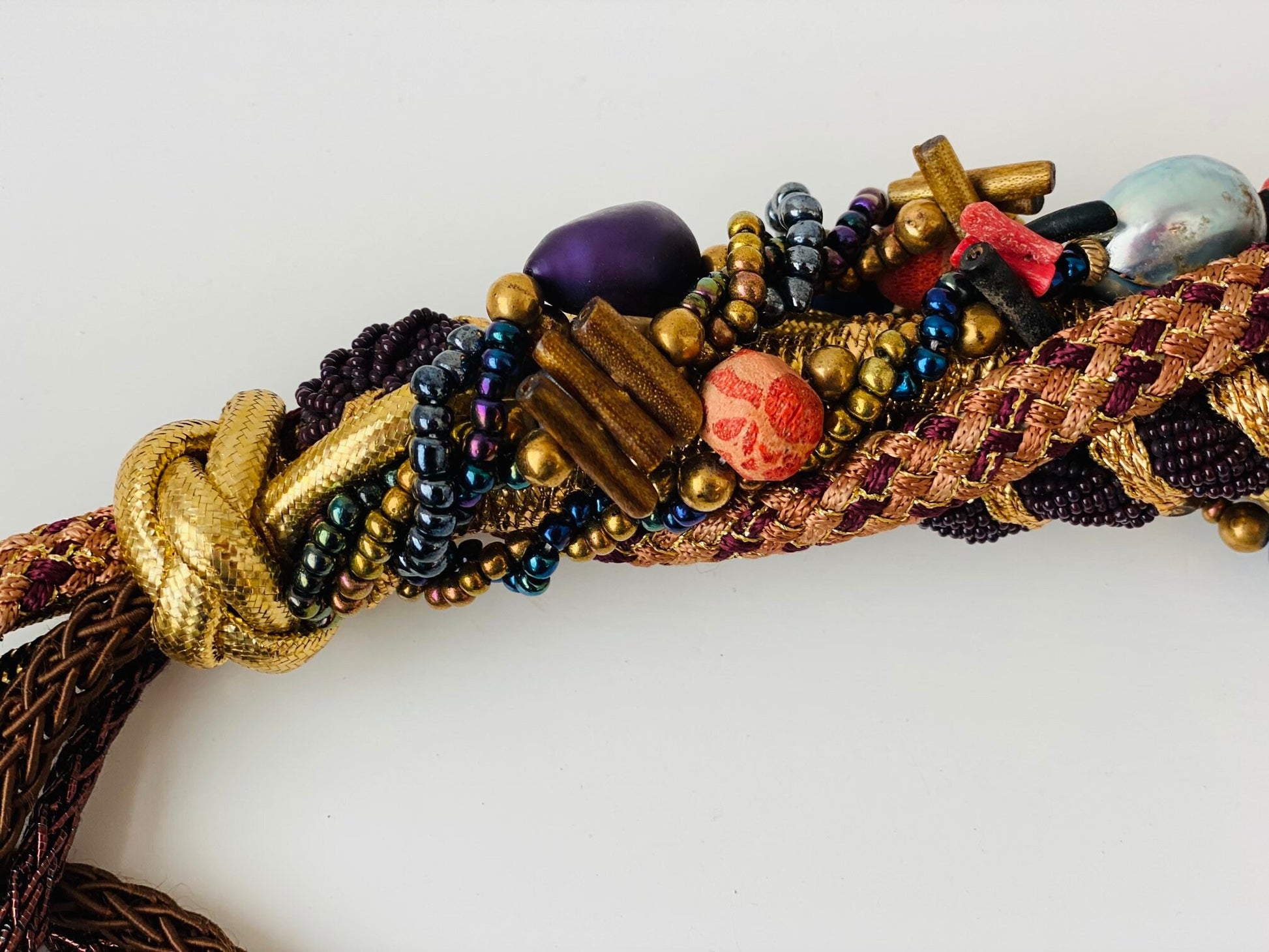 70s Gold Metallic Beaded Braided Silk Belt or Head Wrap Sash