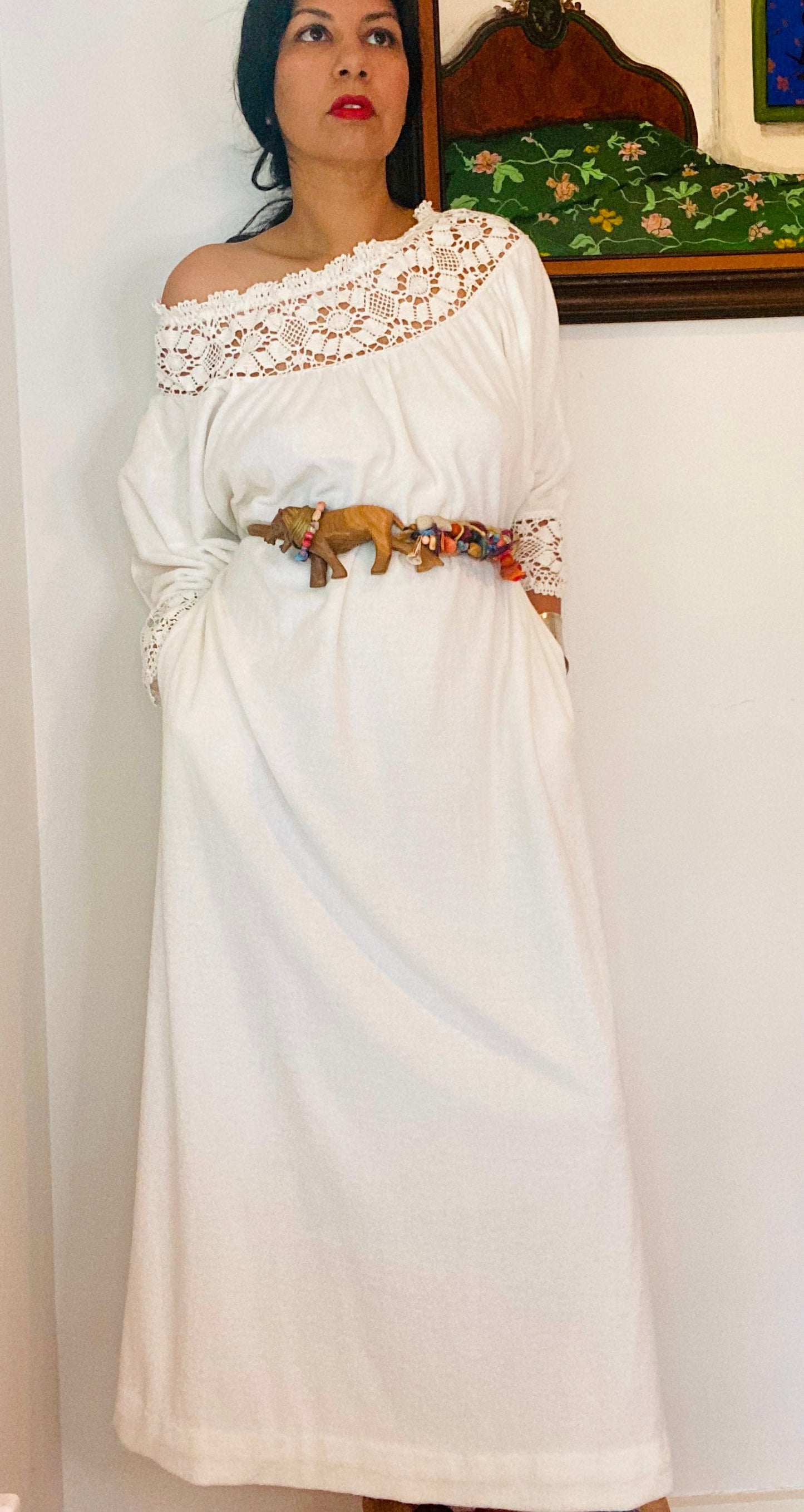 80s Statement OOAK Handmade Belt Sash Suede Silk Wood Lion Beaded