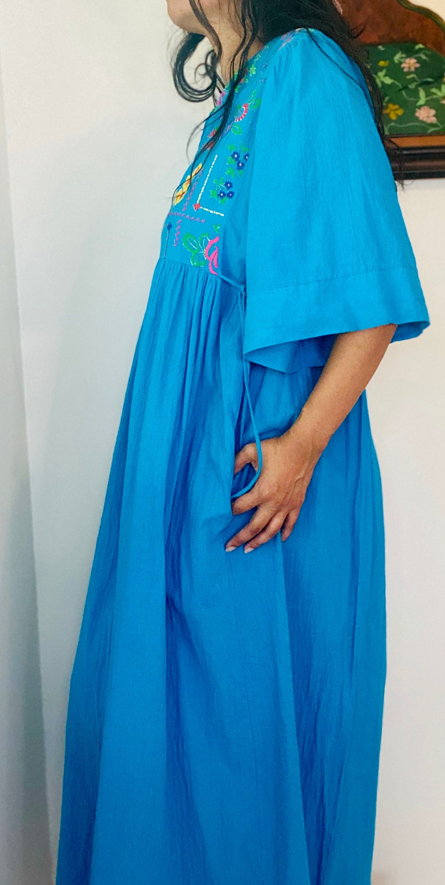 70s Lucie Ann Beverly Hills Blue Cotton Gauze Muumuu Caftan Patio Dress