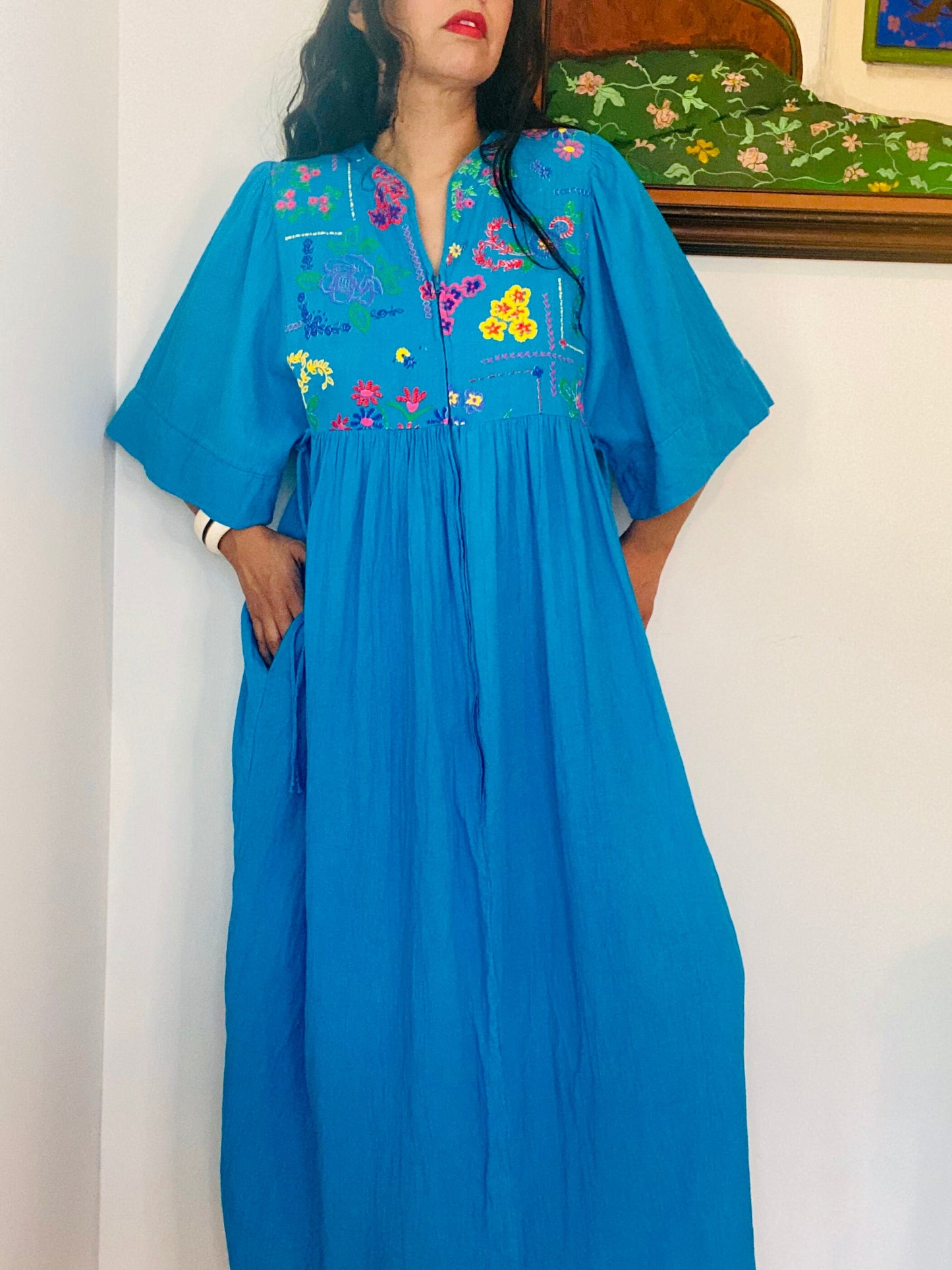 70s Lucie Ann Beverly Hills Blue Cotton Gauze Muumuu Caftan Patio Dress