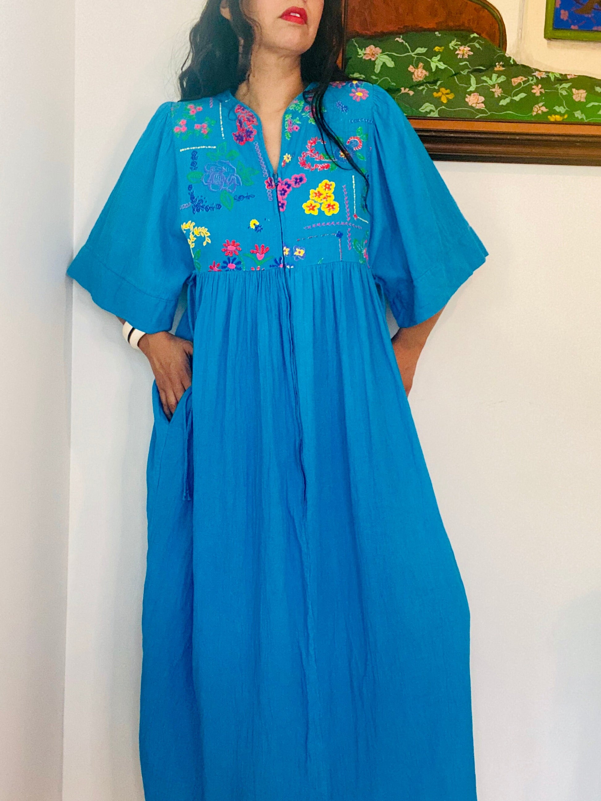 70s Lucie Ann Beverly Hills Blue Cotton Gauze Muumuu Caftan Patio Dress