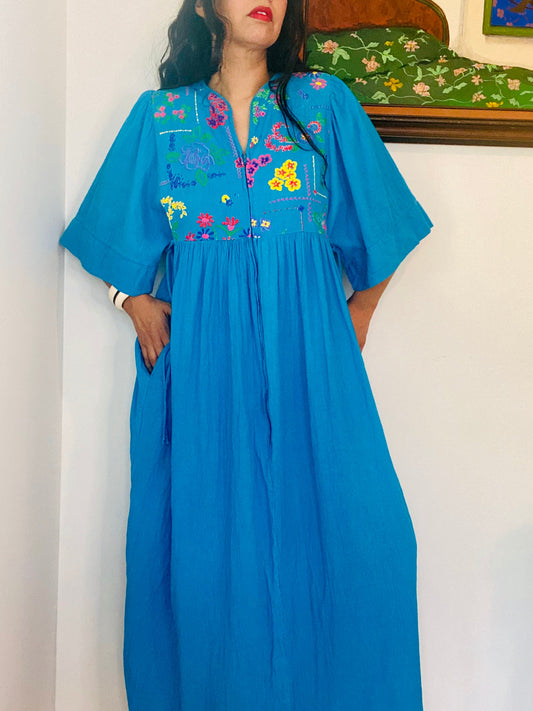 70s Lucie Ann Beverly Hills Blue Cotton Gauze Muumuu Caftan Patio Dress