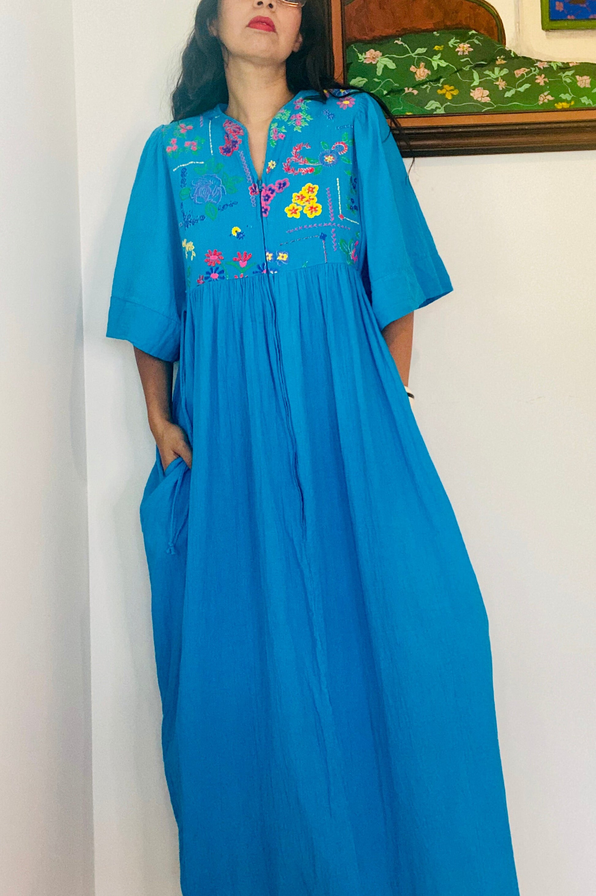 70s Lucie Ann Beverly Hills Blue Cotton Gauze Muumuu Caftan Patio Dress
