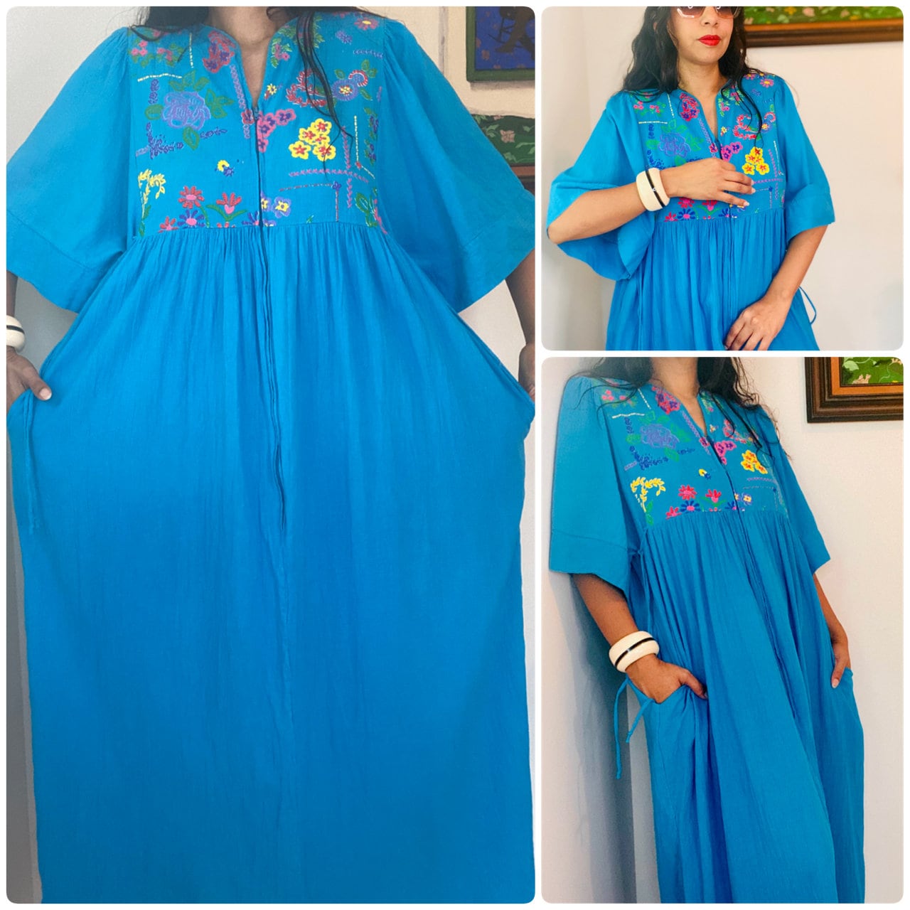 70s Lucie Ann Beverly Hills Blue Cotton Gauze Muumuu Caftan Patio Dress