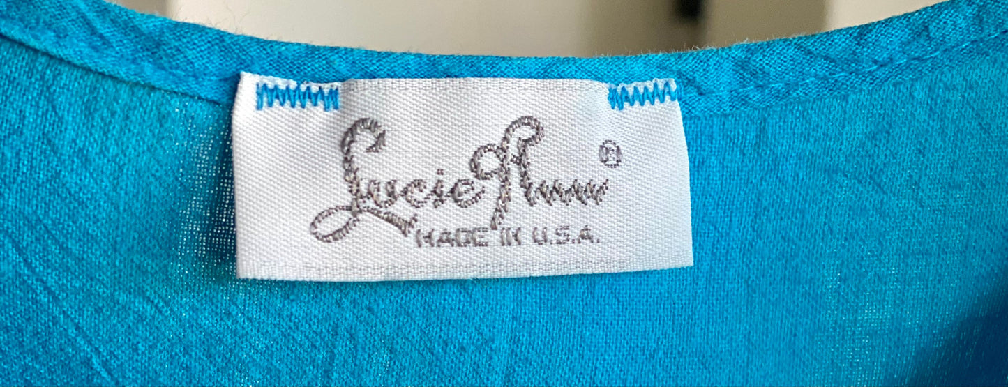 70s Lucie Ann Beverly Hills Blue Cotton Gauze Muumuu Caftan Patio Dress