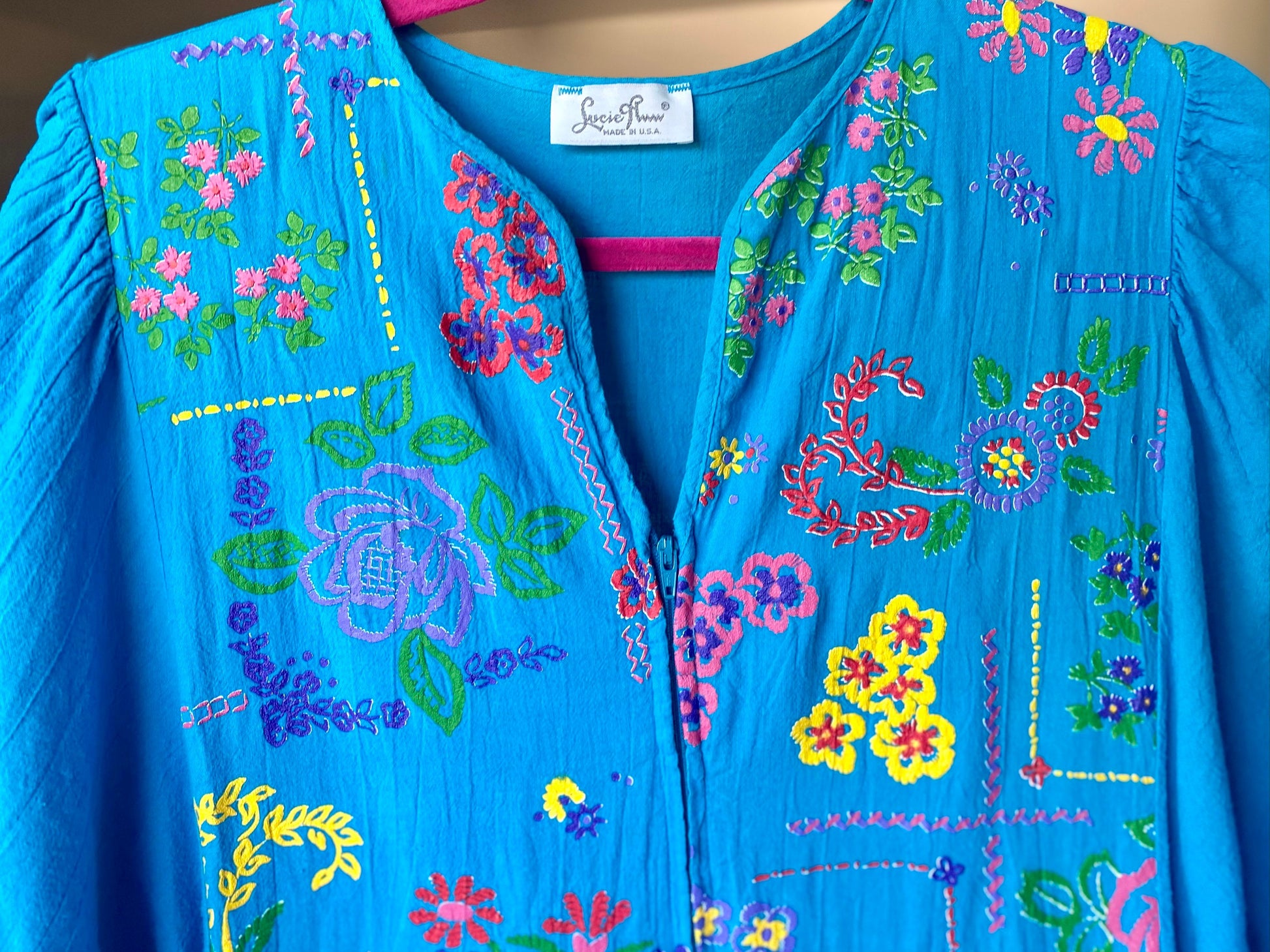 70s Lucie Ann Beverly Hills Blue Cotton Gauze Muumuu Caftan Patio Dress