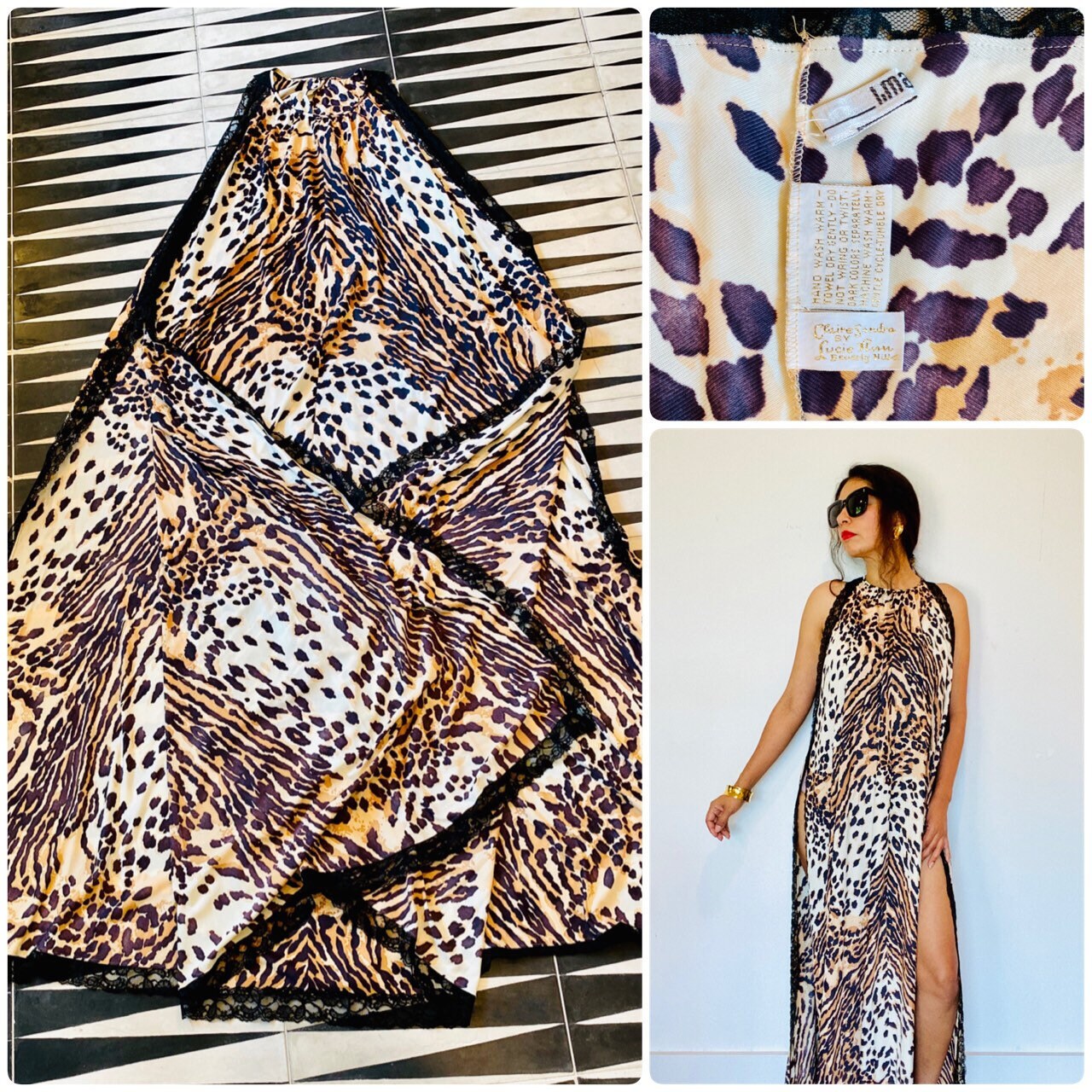 Vintage Rare Claire Sandra by Lucie Ann Beverly Hills Animal Print Big Sweep Nylon Sexy Caftan