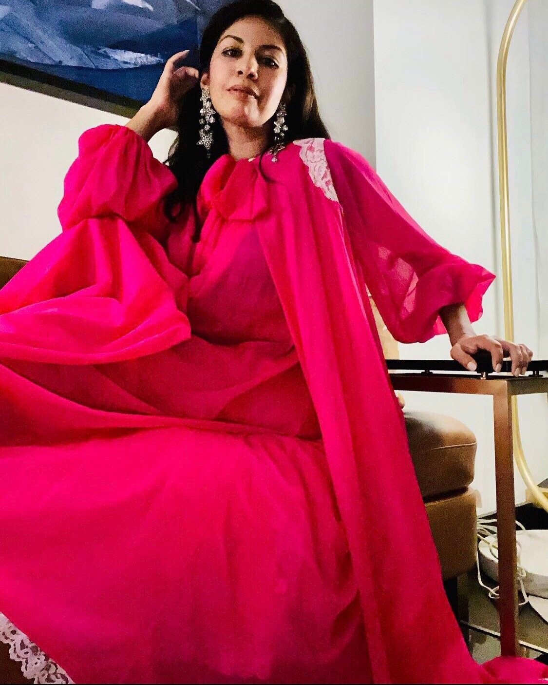 60s Claire Sandra by Lucie Ann Beverly Hills Hot Pink Nylon Sweeping Peignoir Set Neck Bow Lace Trim Balloon Sleeves