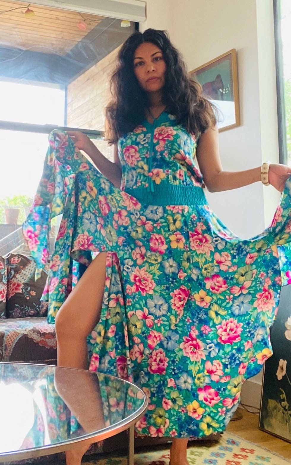 80s Diane Freis Floral Silk Garden Party Calf Length Sleeveless Dress Plunge Neckline Tassels