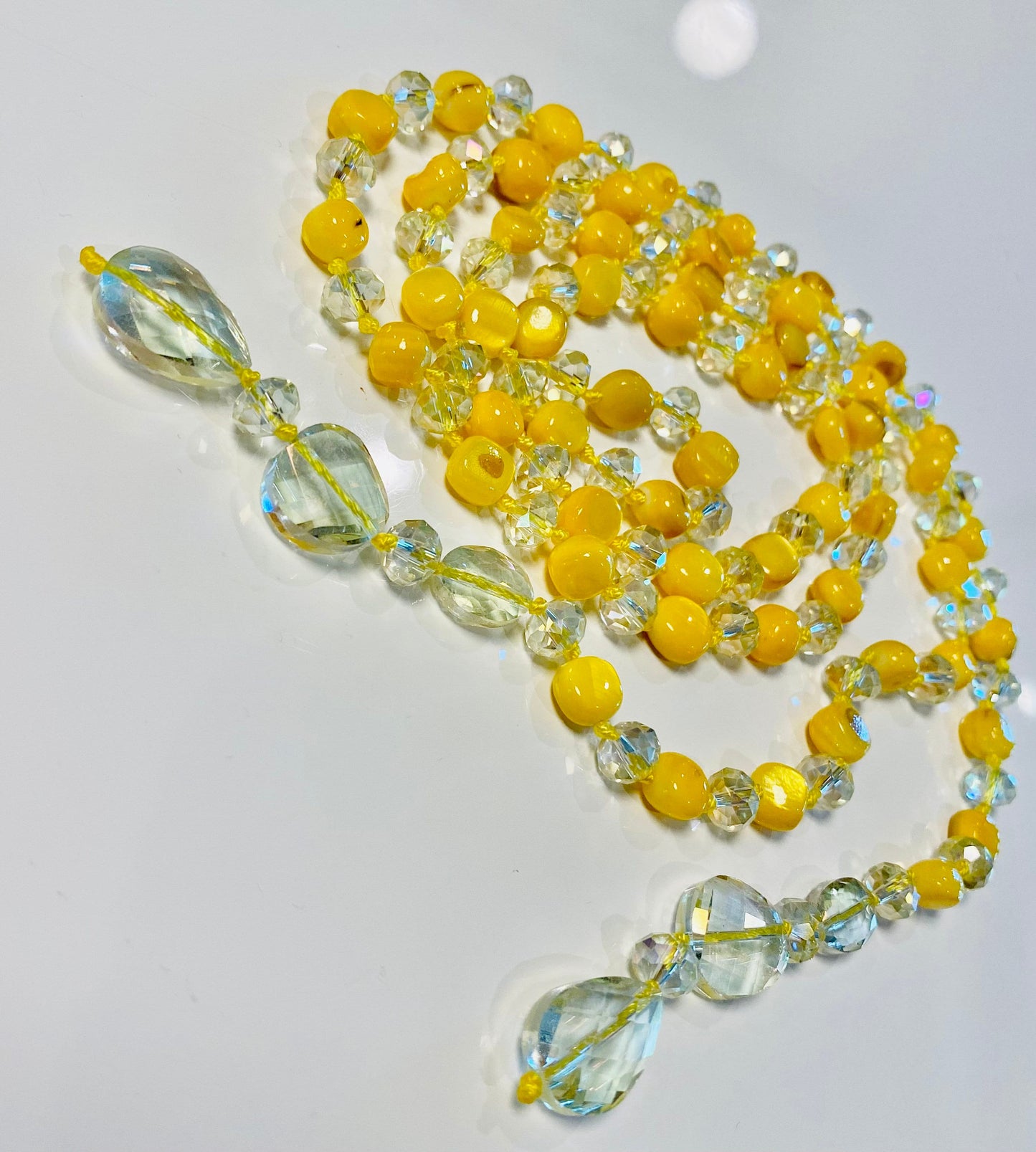 Glamorous Hand Knotted Yellow Crystal Look Lariat Long Necklace Estate Jewelry