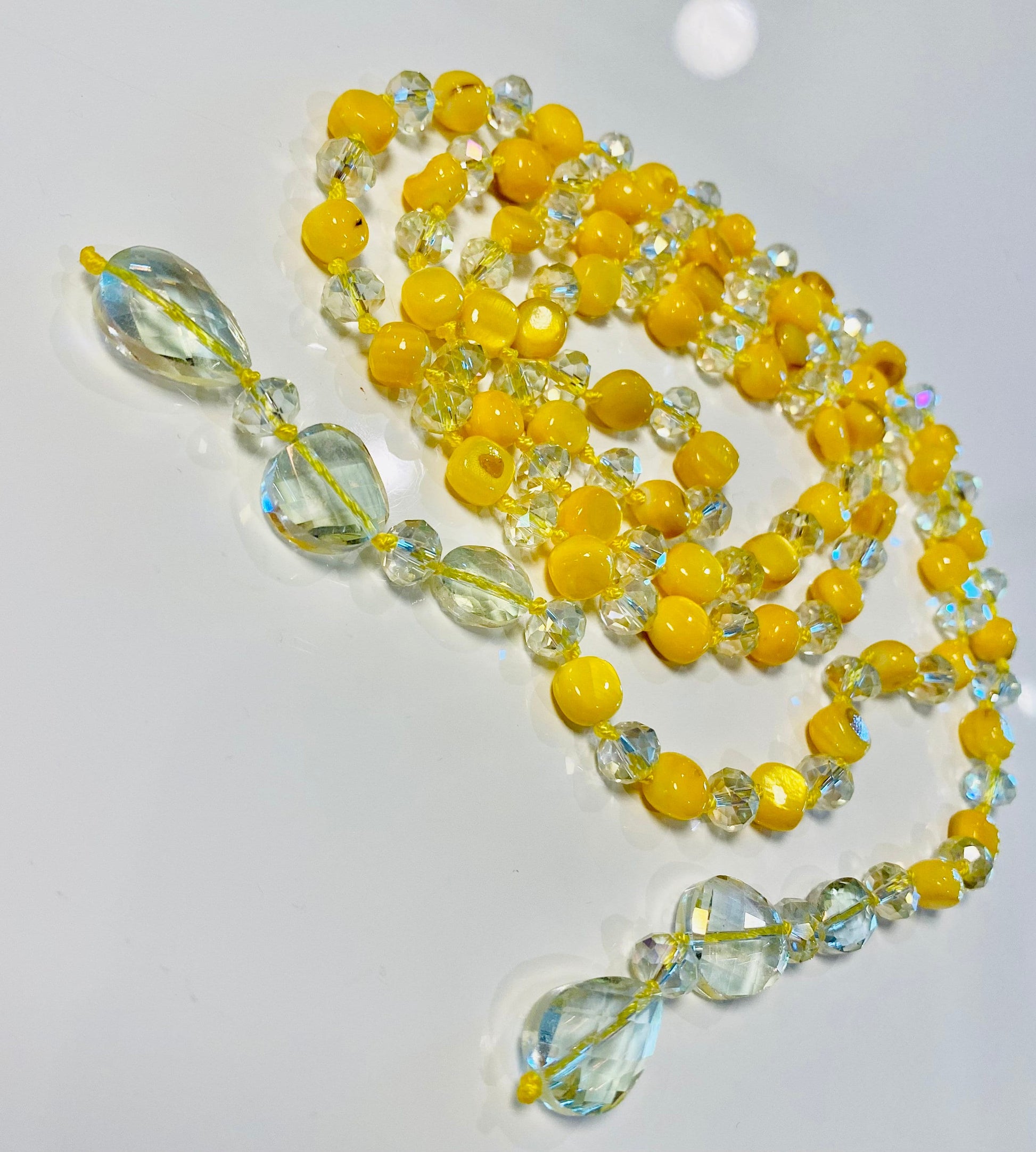 Glamorous Hand Knotted Yellow Crystal Look Lariat Long Necklace Estate Jewelry
