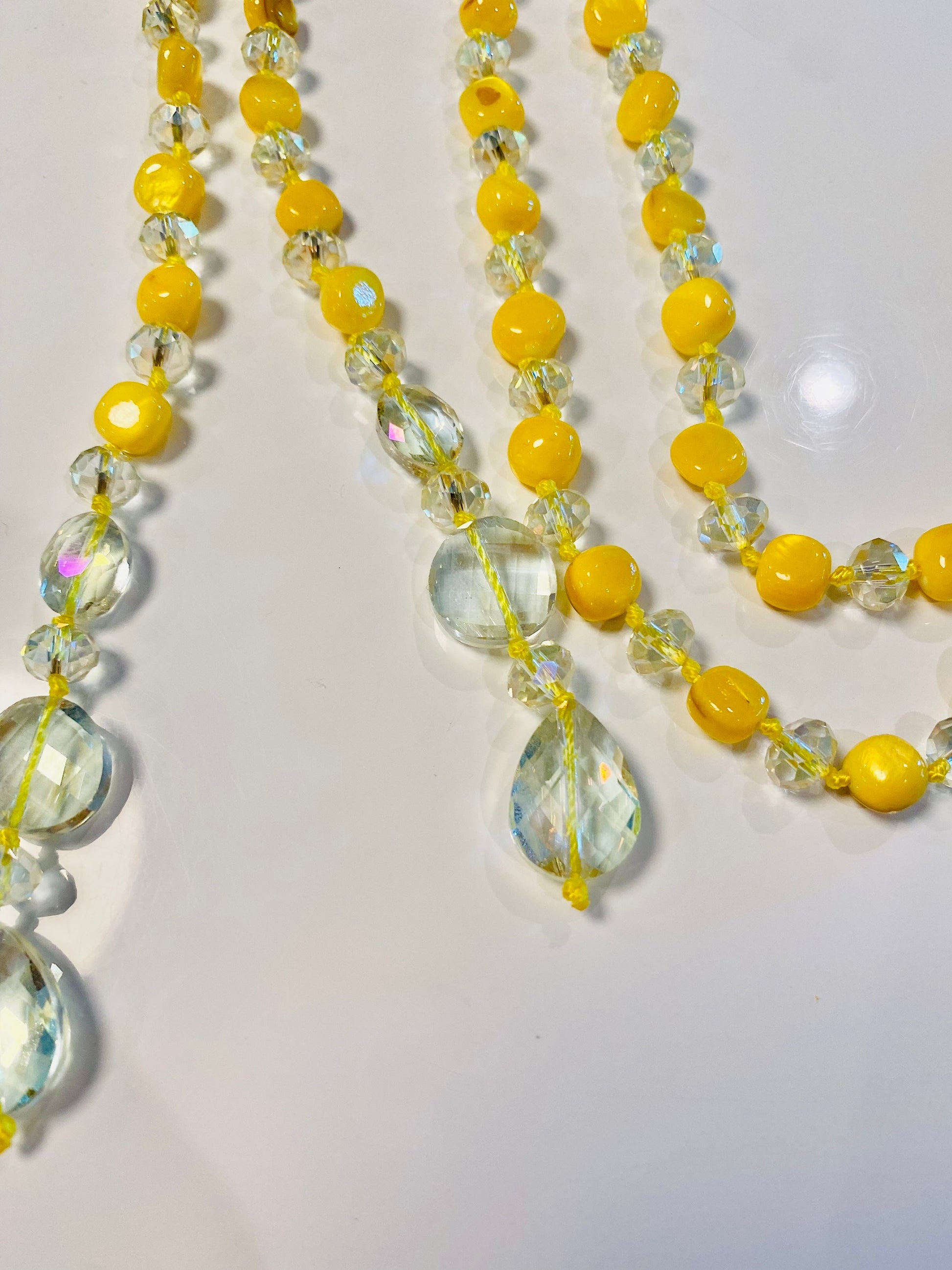 Glamorous Hand Knotted Yellow Crystal Look Lariat Long Necklace Estate Jewelry