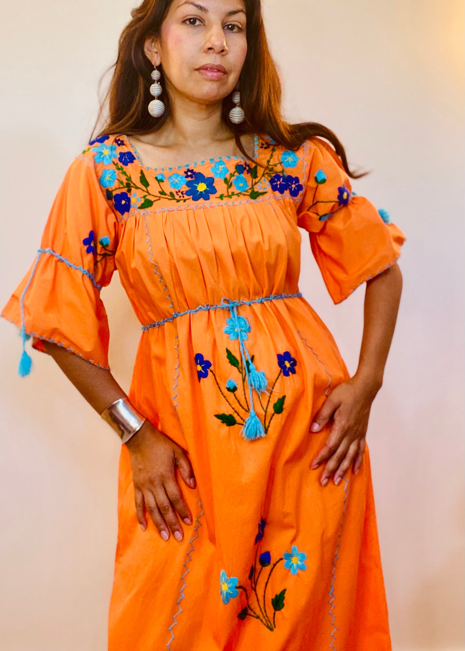 70s Orange Traditional Mexican Cotton Embroidered Maxi Caftan Dress Bell Sleeves