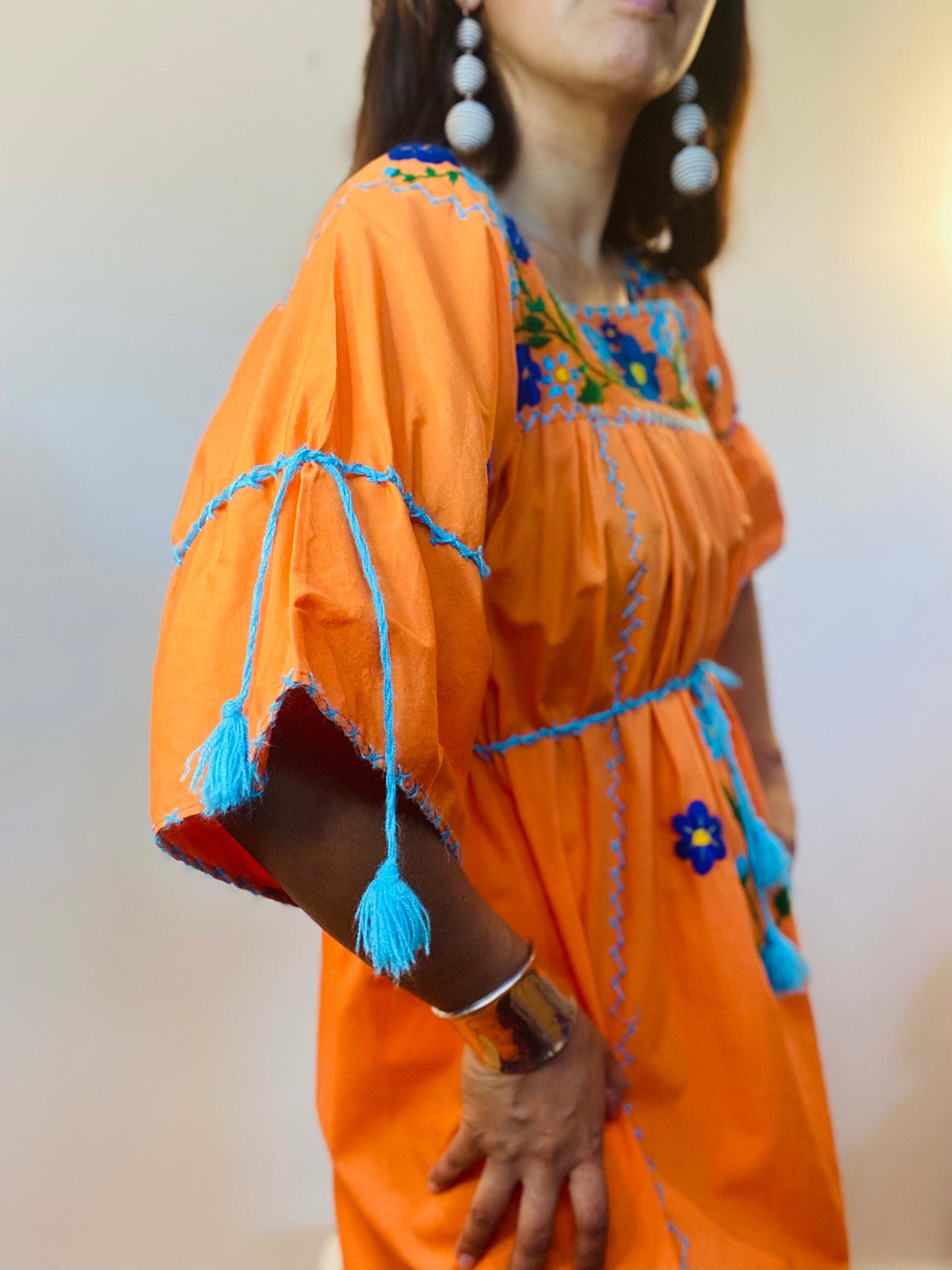 70s Orange Traditional Mexican Cotton Embroidered Maxi Caftan Dress Bell Sleeves