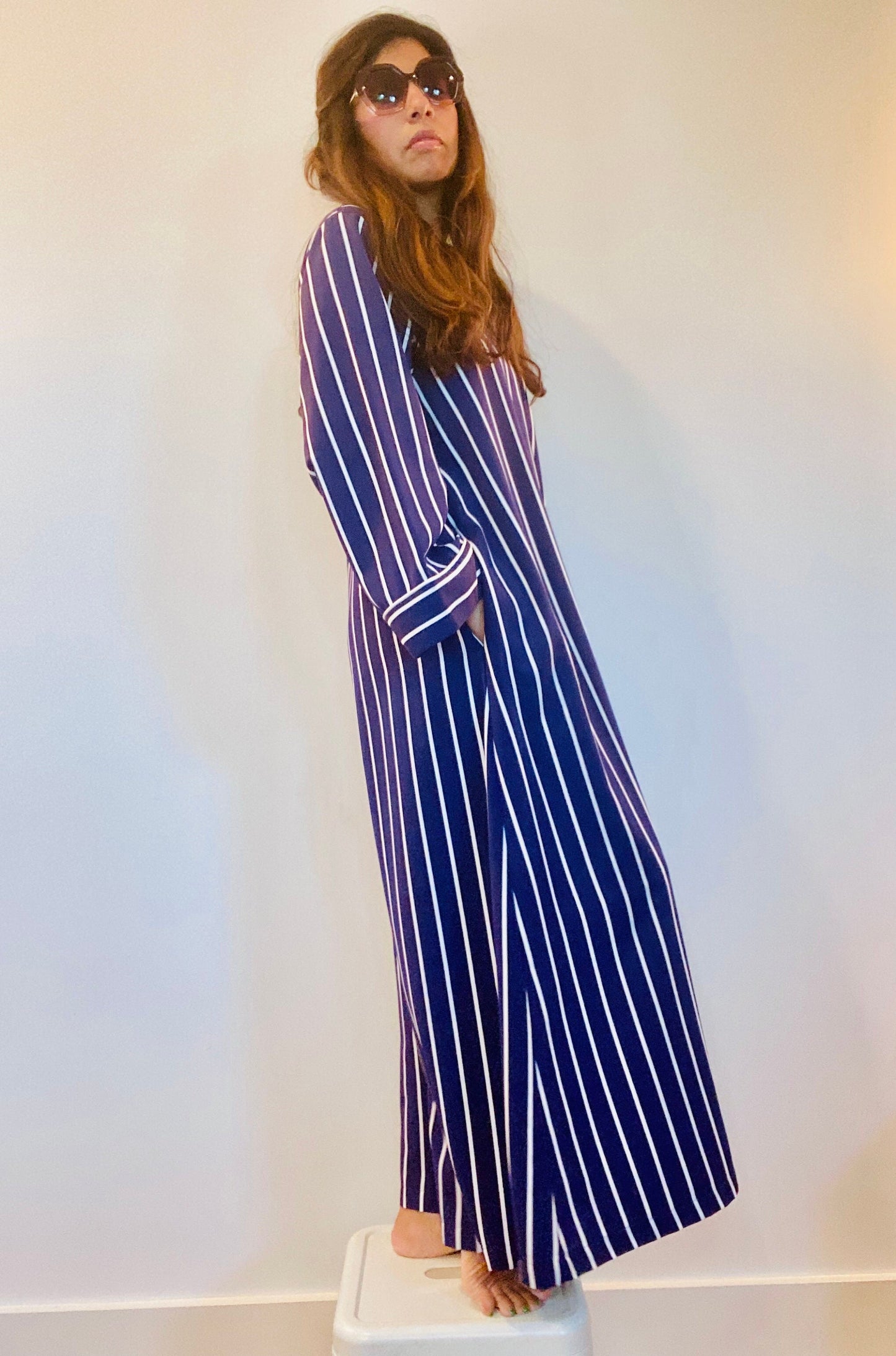 Vintage NATORI Navy and White Stripe Trapeze Unisex Caftan Long Sleeves Mandarin Collar