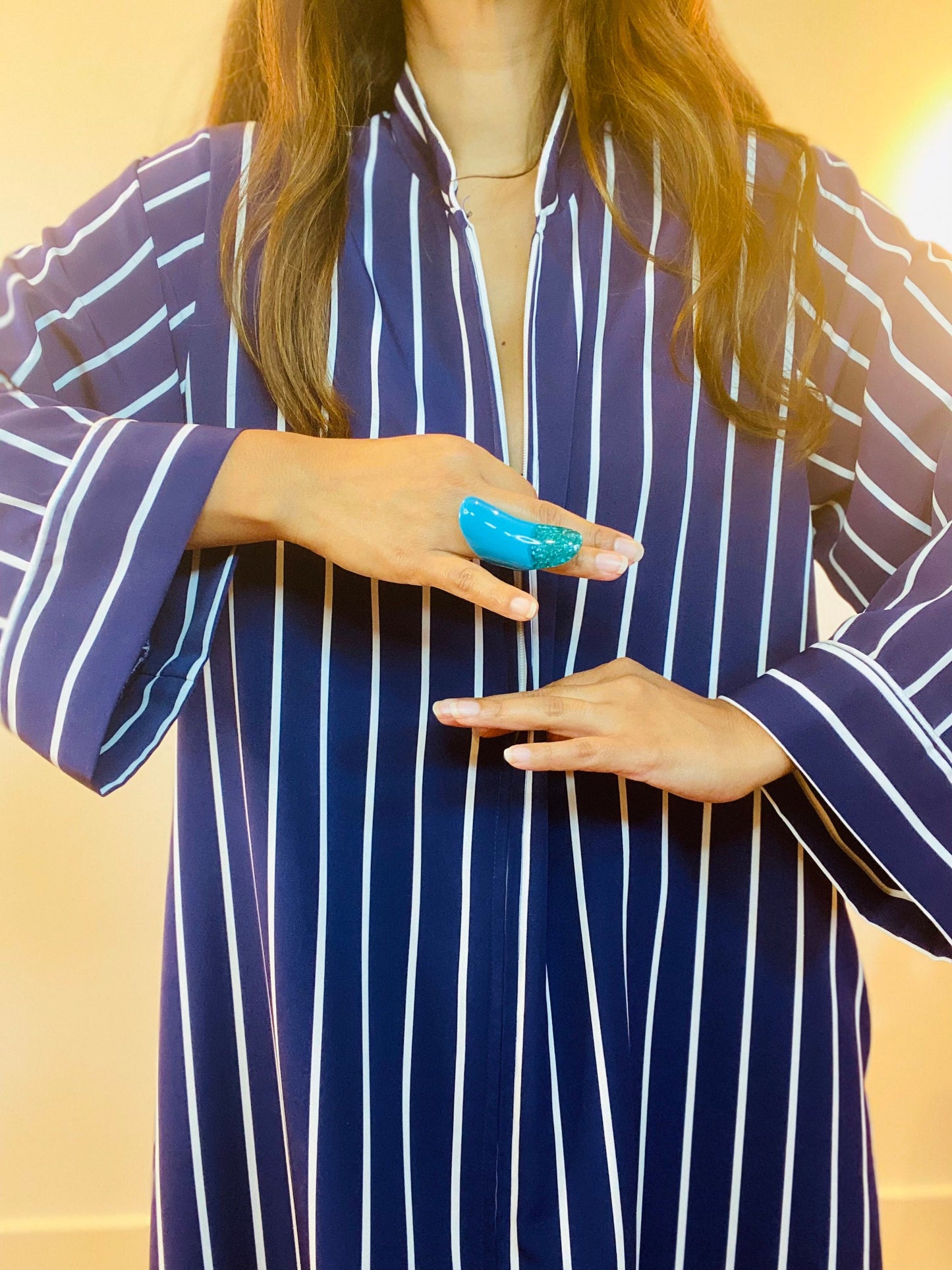 Vintage NATORI Navy and White Stripe Trapeze Unisex Caftan Long Sleeves Mandarin Collar