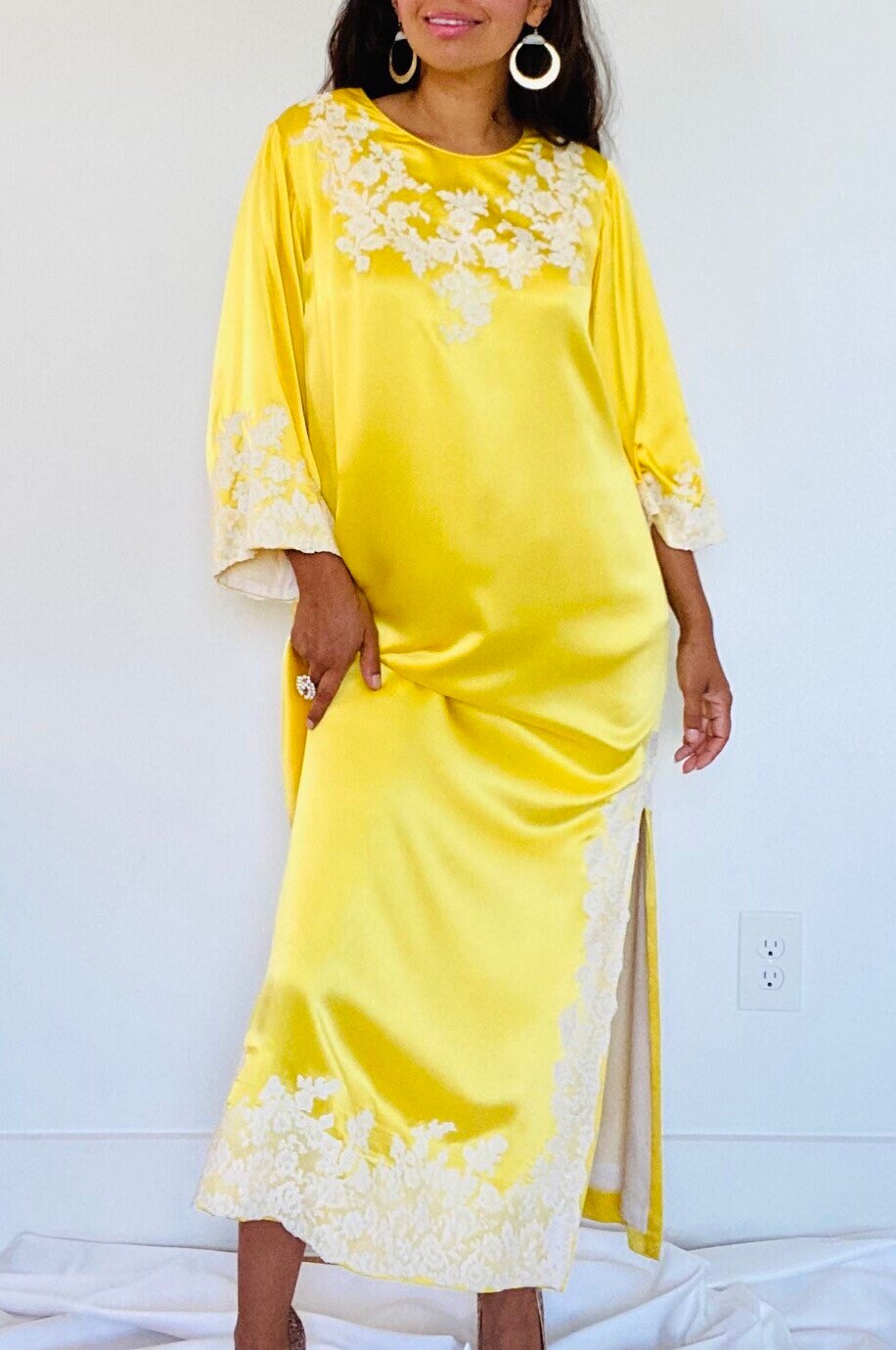 70s Rare Yellow Pure Silk Juel Park Beverly Hills Maxi Bell Sleeves Ankle Length Caftan Dress